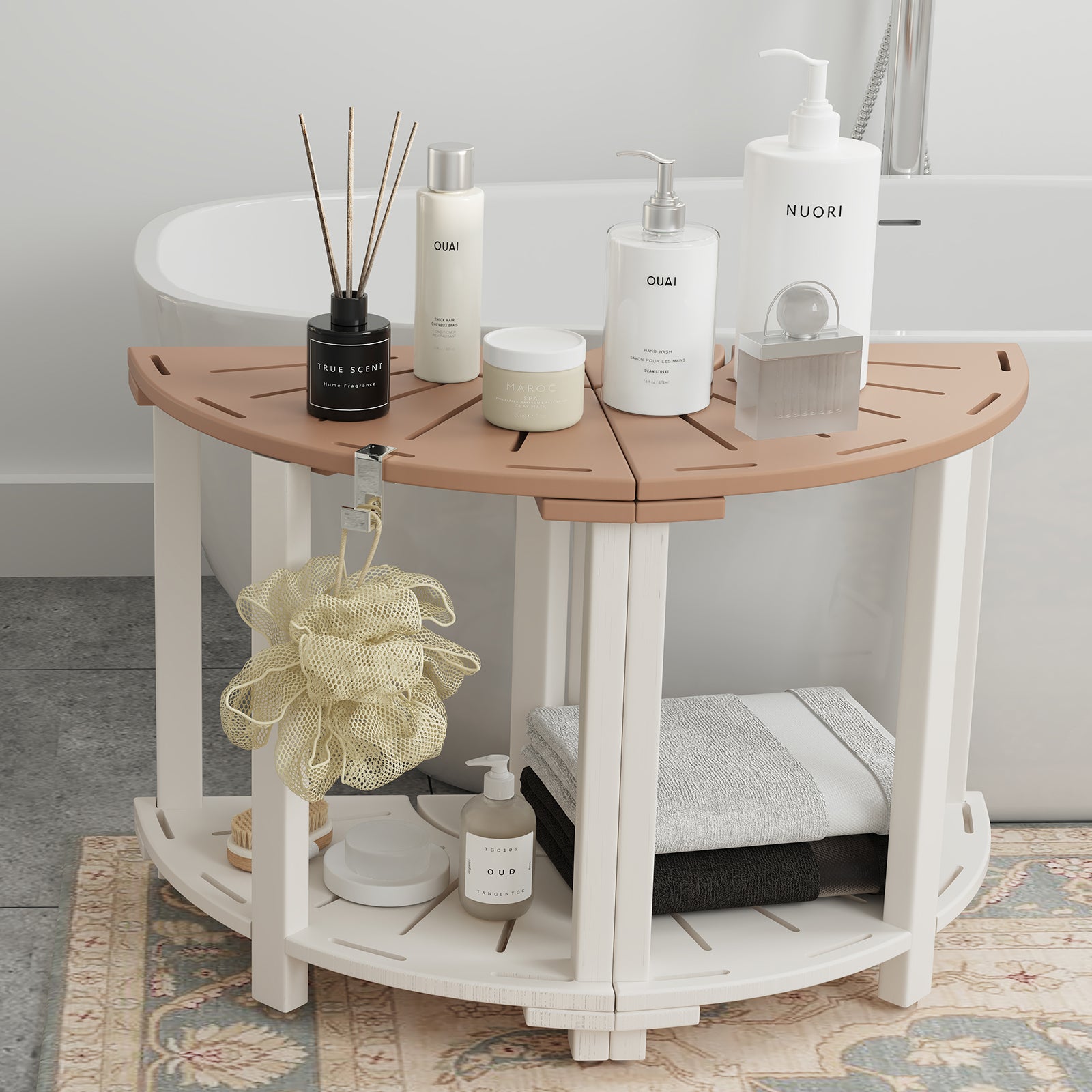 Shower Stool for Inside Shower, Plastic Corner Shower Bench with Storage Shelf, Waterproof Shower Foot Rest for Shaving Legs