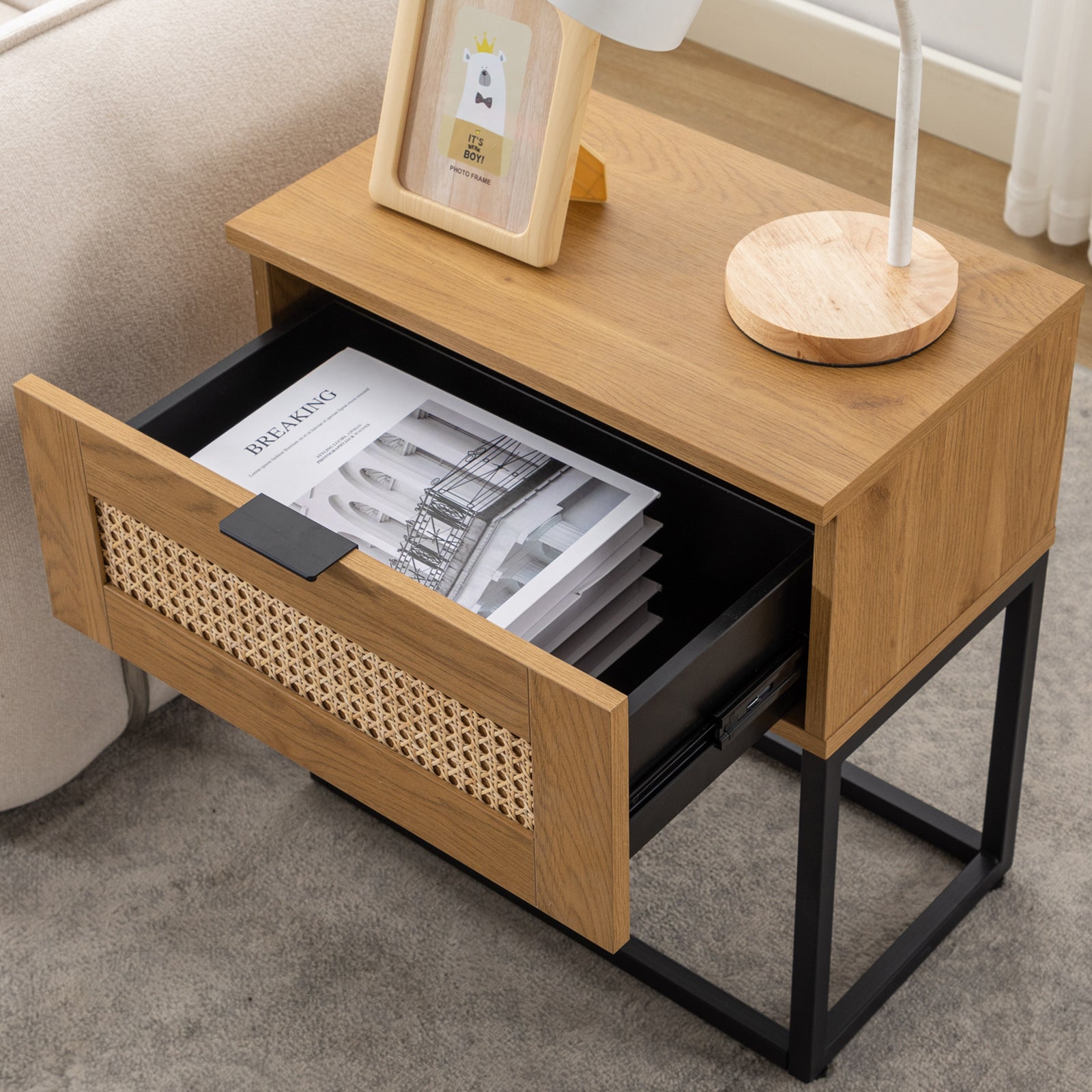 PE Rattan Nightstand wood nightstands with 1 Drawer