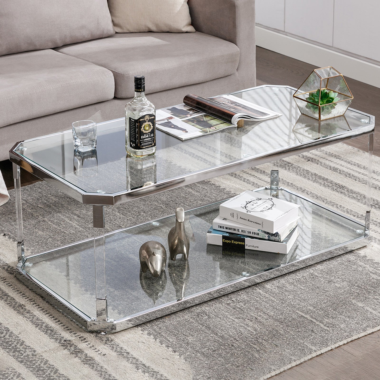 Modern Chrome Coffee Tables with Glass Storage Shelf