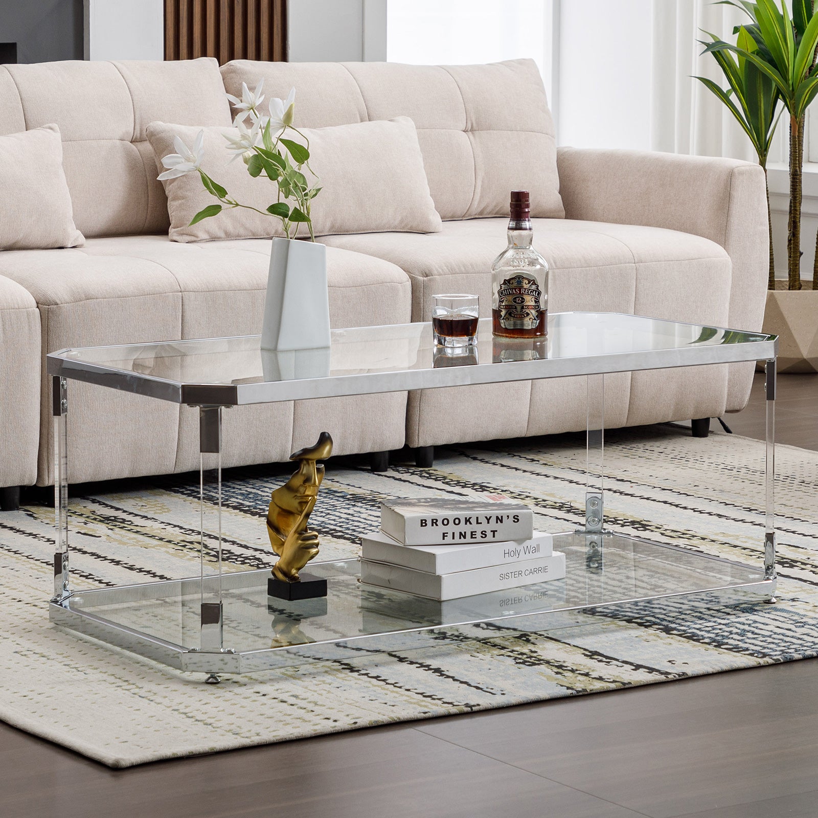 Modern Chrome Coffee Tables with Glass Storage Shelf