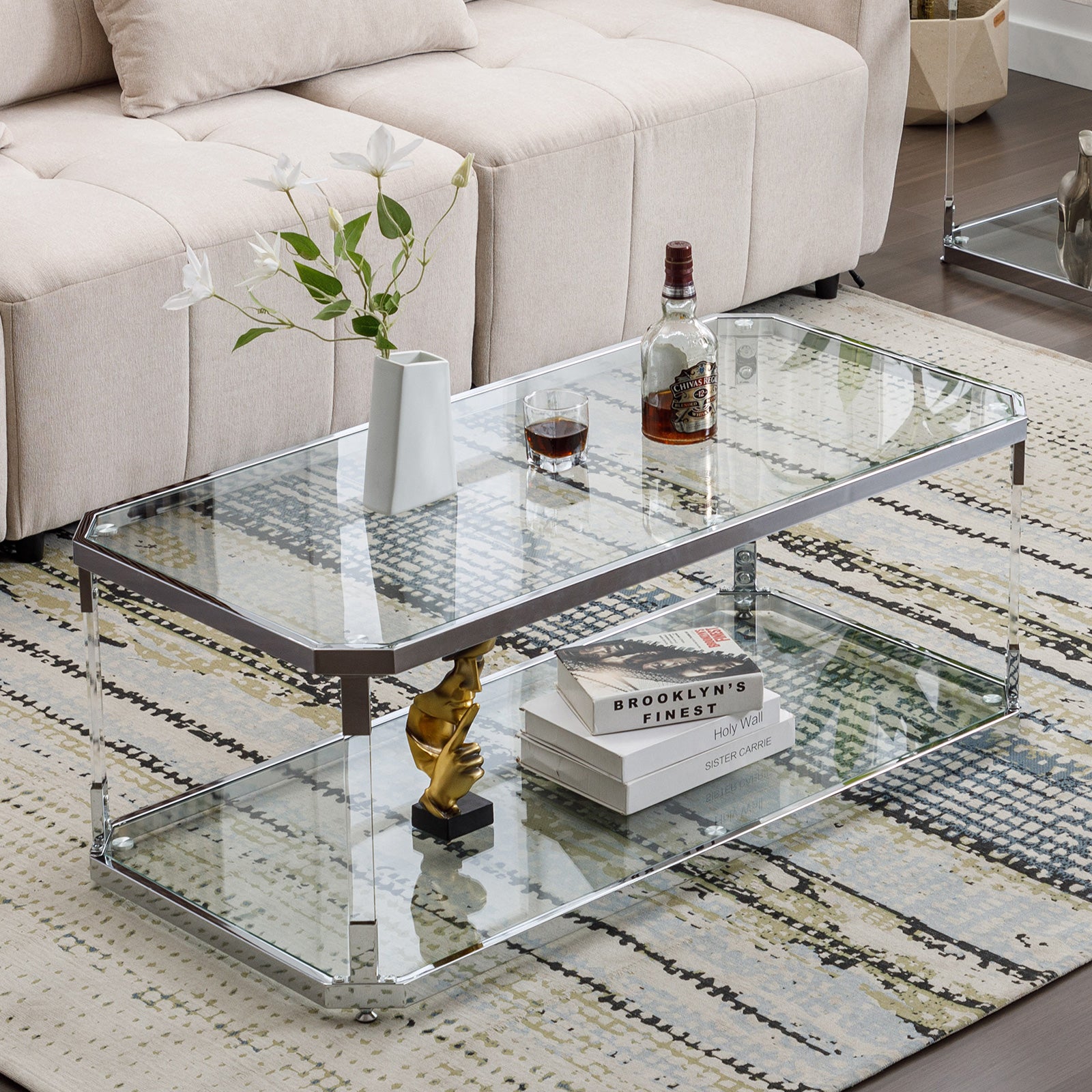 Modern Chrome Coffee Tables with Glass Storage Shelf