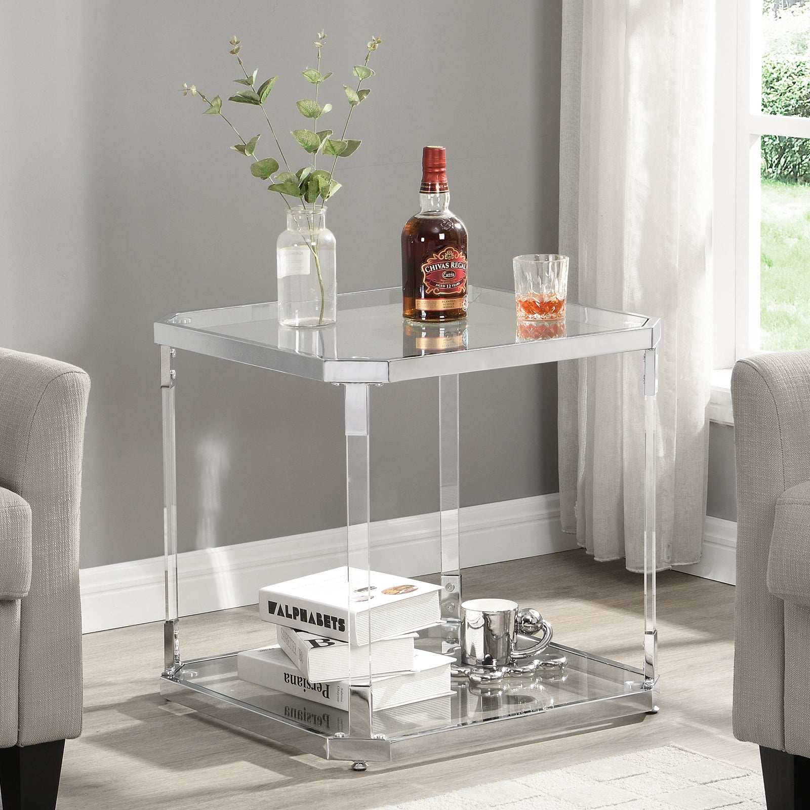 Square End Table with Glass-Top Side Tables in Chrome