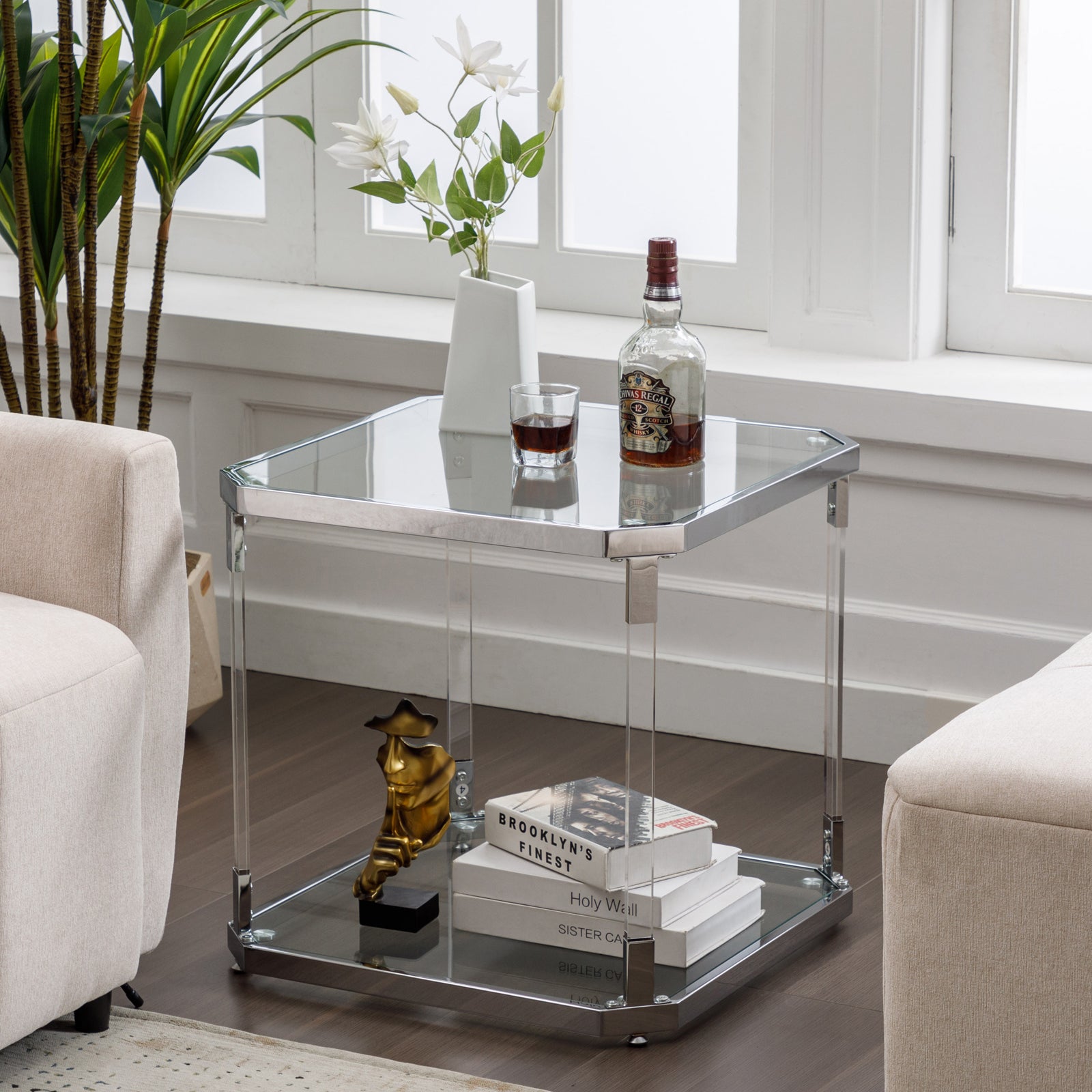 Square End Table with Glass-Top Side Tables in Chrome