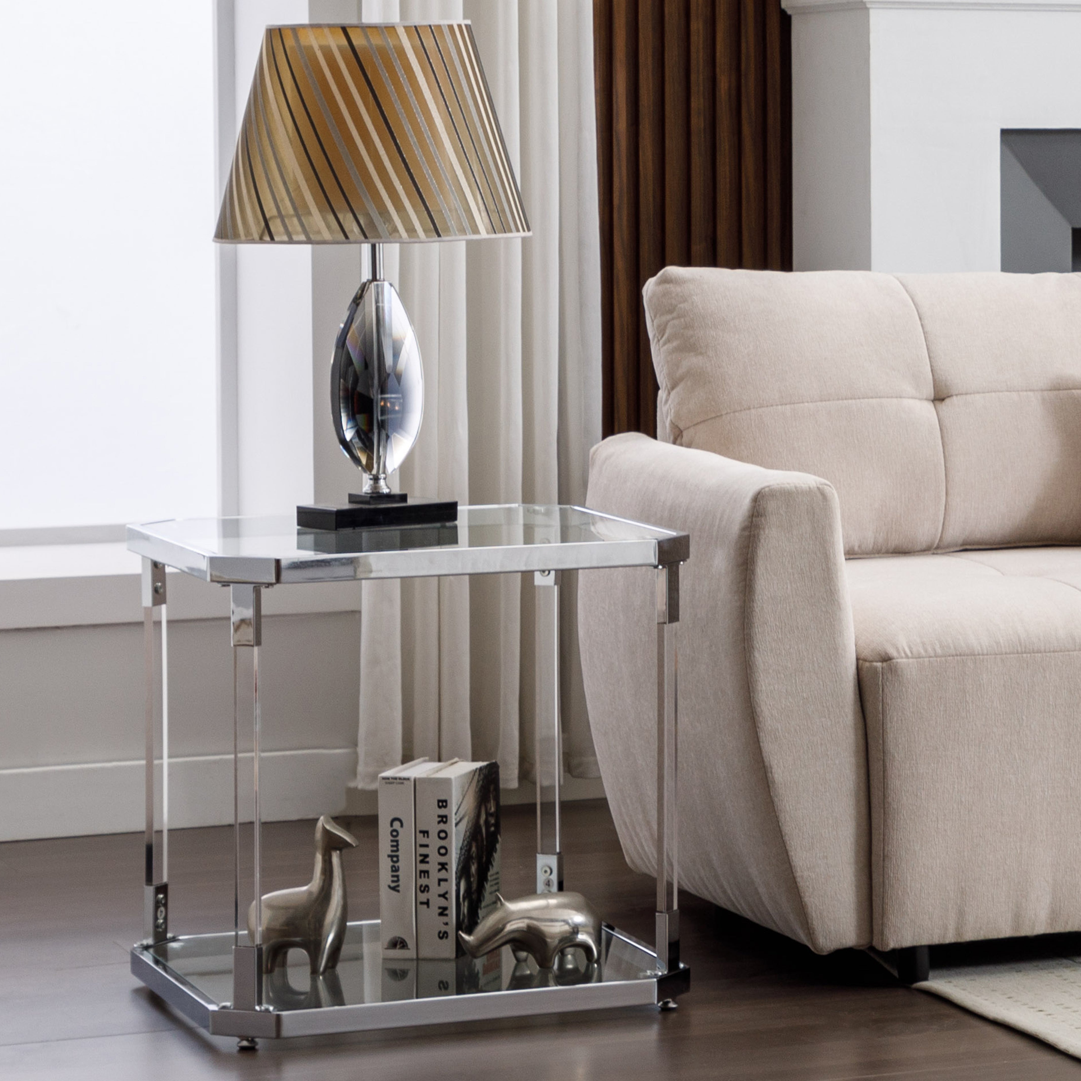 Square End Table with Glass-Top Side Tables in Chrome