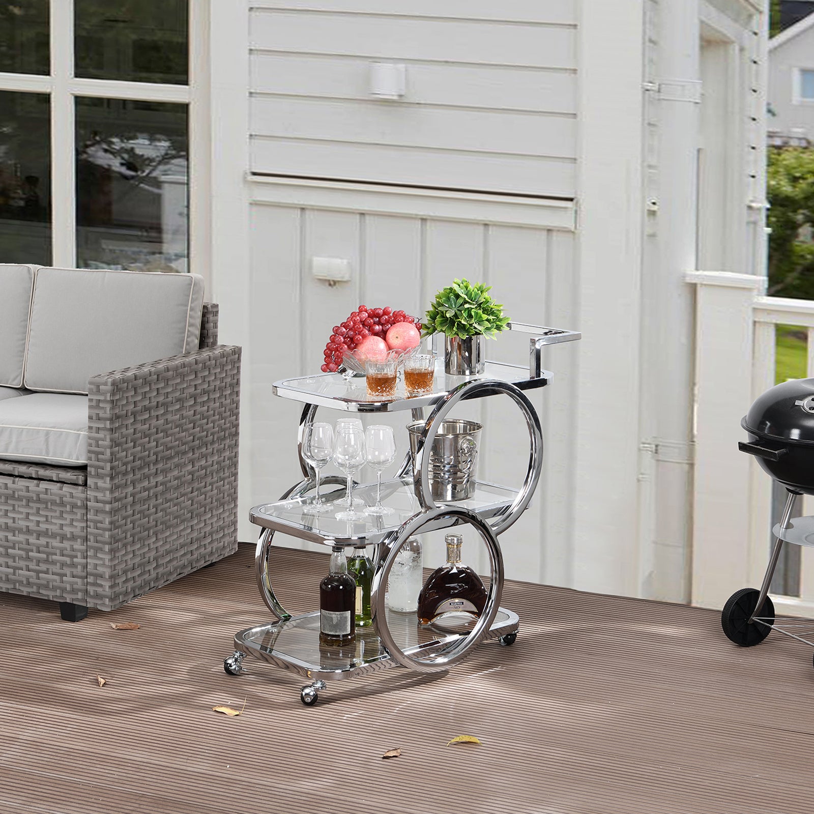 Modern 3 Tiers Bar Cart on Wheel with Handle in Chrome Style