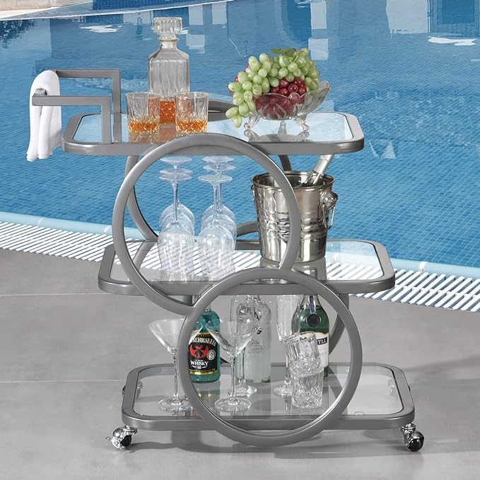 Modern 3 Tiers Bar Cart on Wheel with Handle in Chrome Style