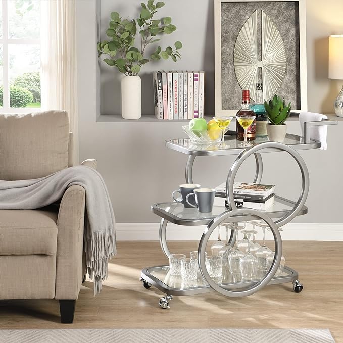 Modern 3 Tiers Bar Cart on Wheel with Handle in Chrome Style
