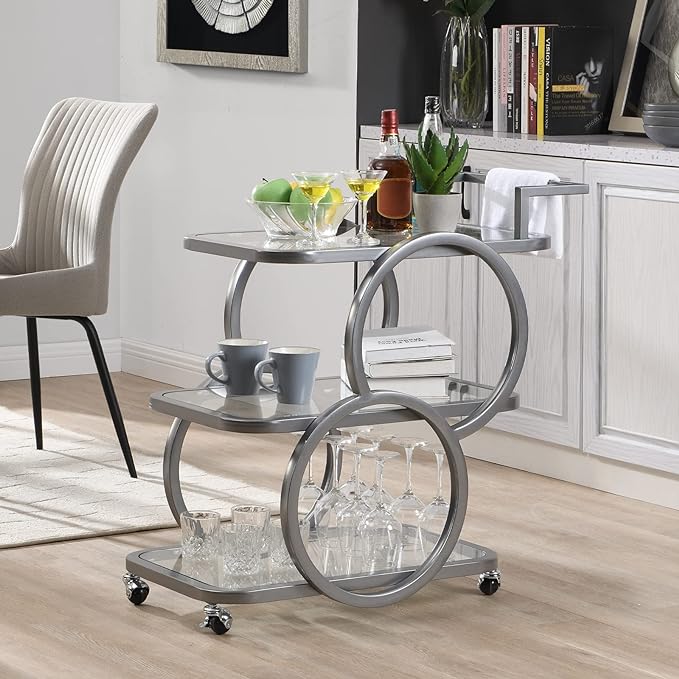 Modern 3 Tiers Bar Cart on Wheel with Handle in Chrome Style