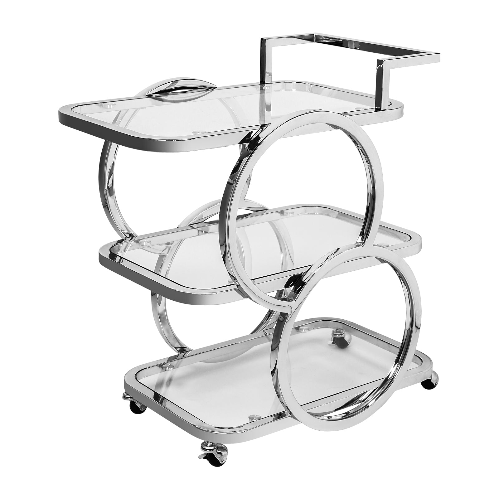 Modern 3 Tiers Bar Cart on Wheel with Handle in Chrome Style