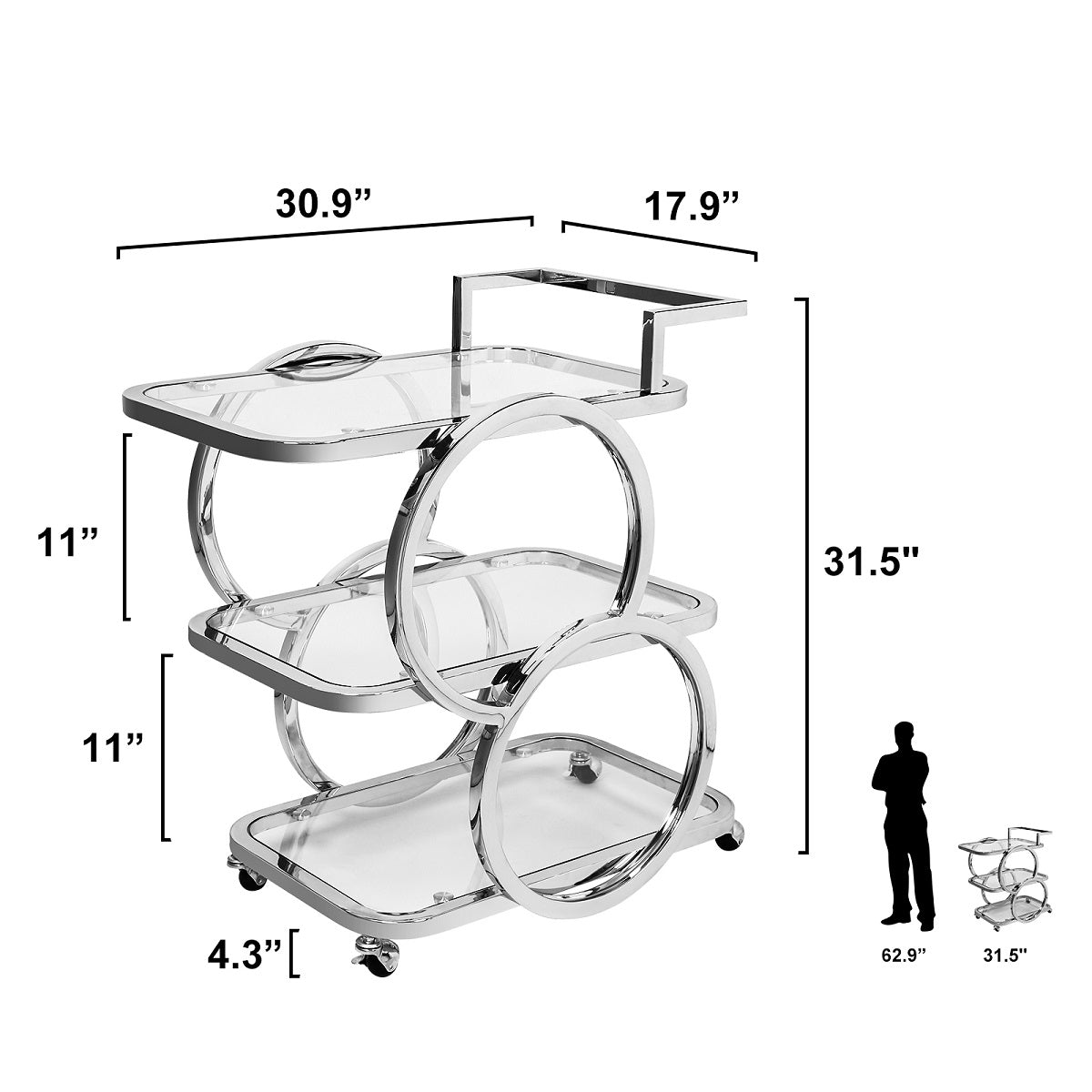 Modern 3 Tiers Bar Cart on Wheel with Handle in Chrome Style - Hausfame