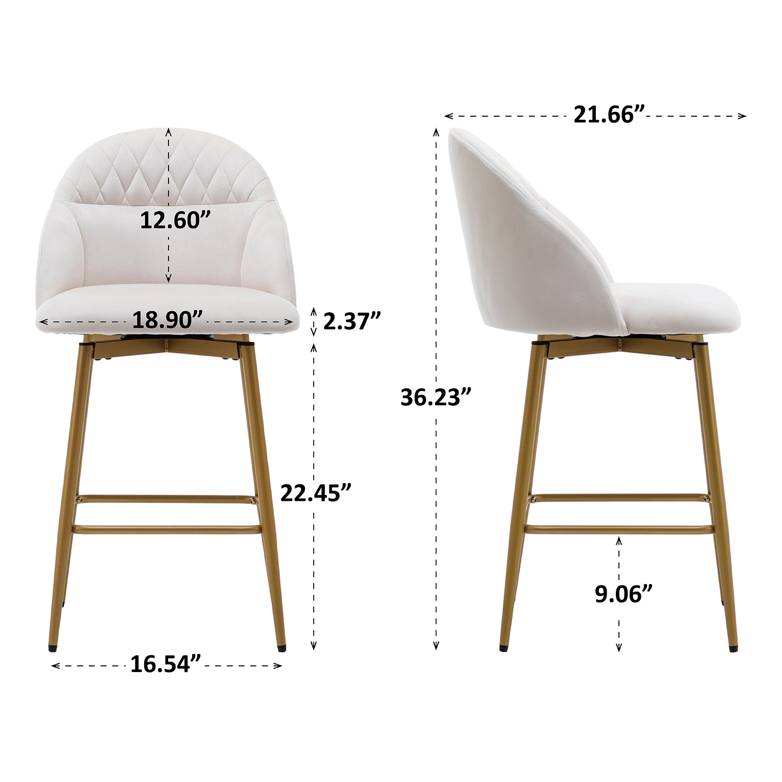 Velvet Swivel Bar Stool with Full Back Bar Height Counter Stools with Gold Metal Footrest