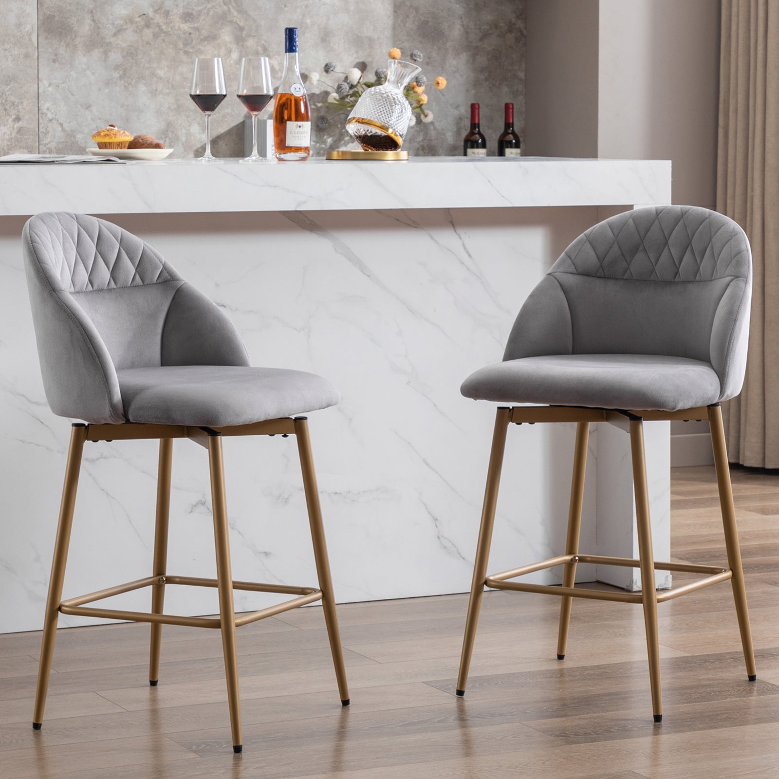 Velvet Swivel Bar Stool with Full Back Bar Height Counter Stools with Gold Metal Footrest