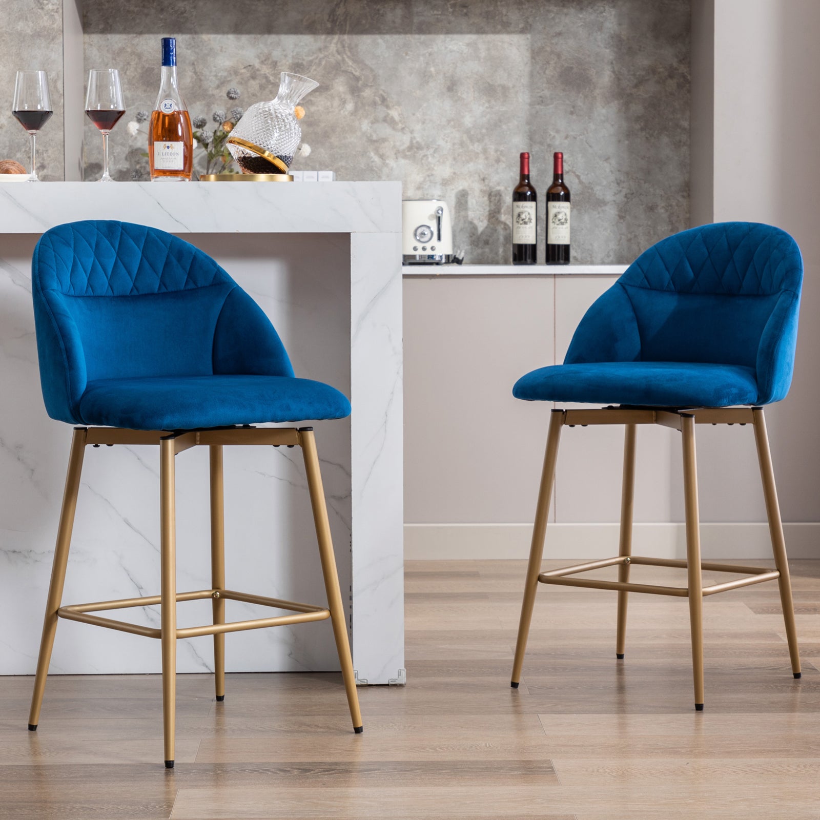 Velvet Swivel Bar Stool with Full Back Bar Height Counter Stools with Gold Metal Footrest
