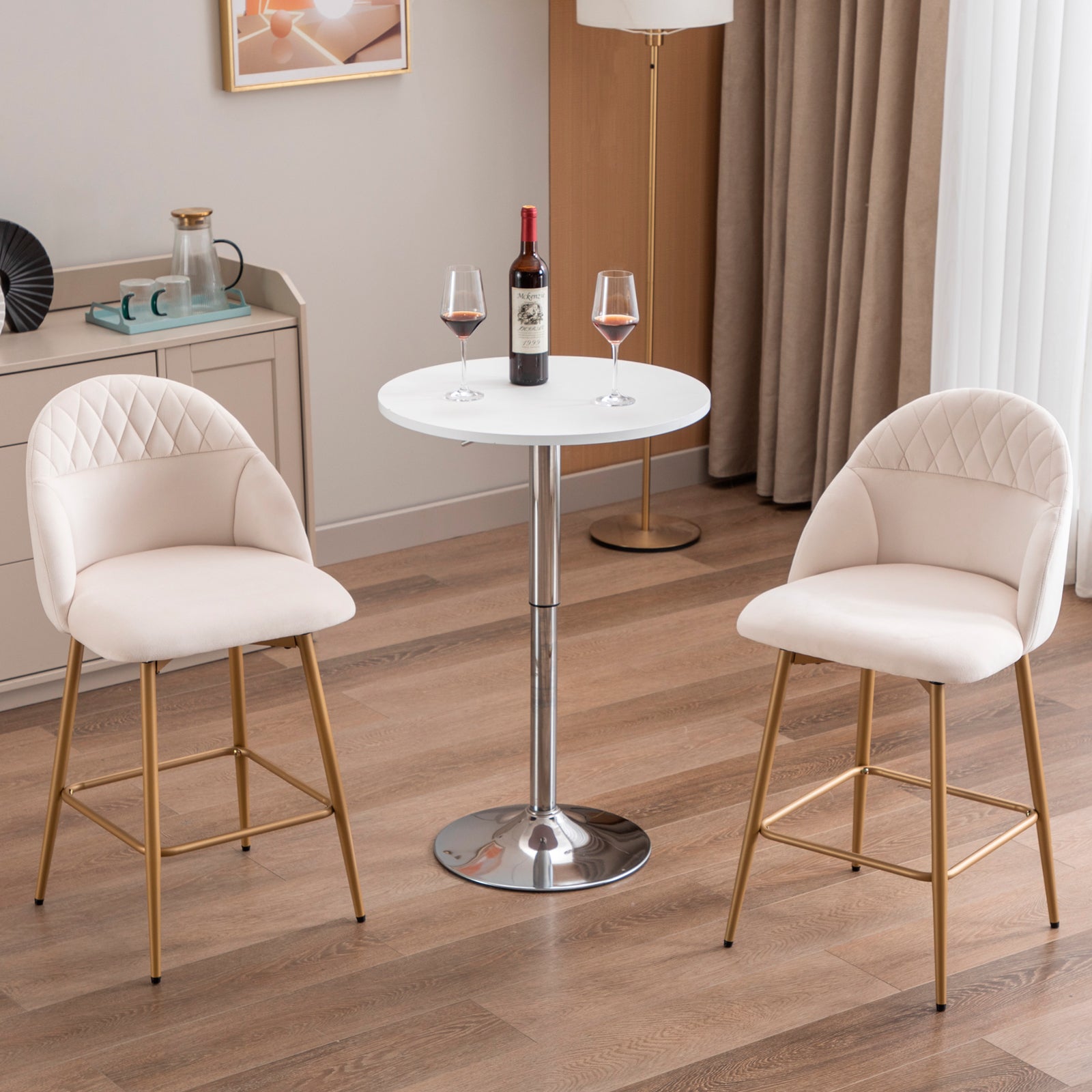 Velvet Swivel Bar Stool with Full Back Bar Height Counter Stools with Gold Metal Footrest
