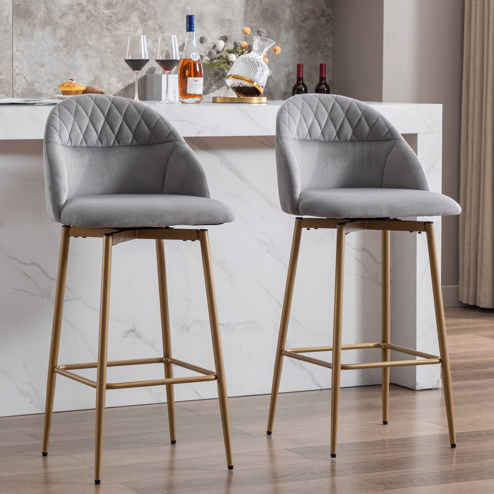 Velvet Swivel Bar Stool with Full Back Bar Height Counter Stools with Gold Metal Footrest