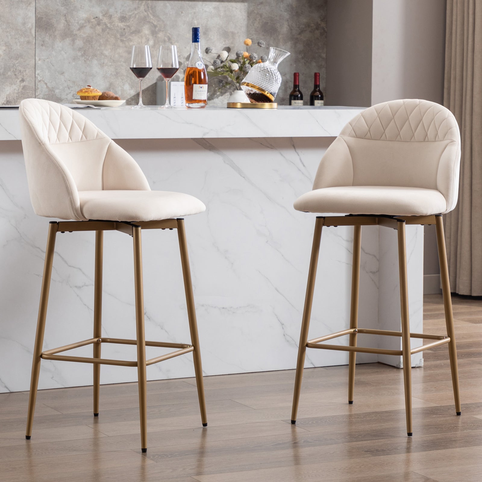 Velvet Swivel Bar Stool with Full Back Bar Height Counter Stools with Gold Metal Footrest