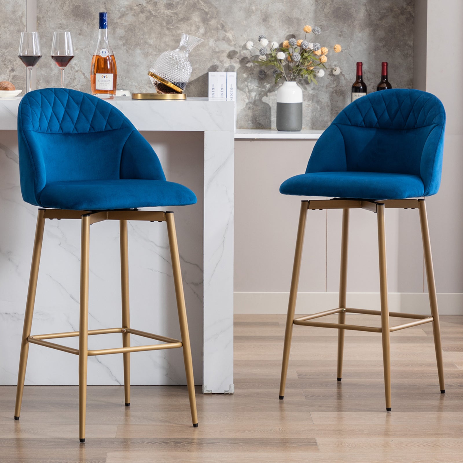 Velvet Swivel Bar Stool with Full Back Bar Height Counter Stools with Gold Metal Footrest