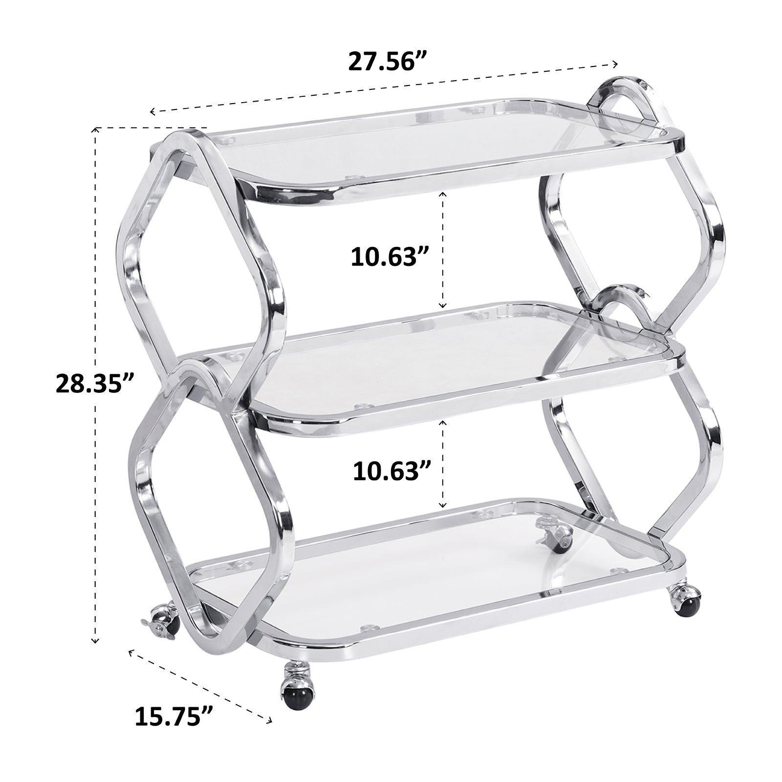 3 Tiers Chrome Bar Carts on Wheels Modern Console Table with Storage