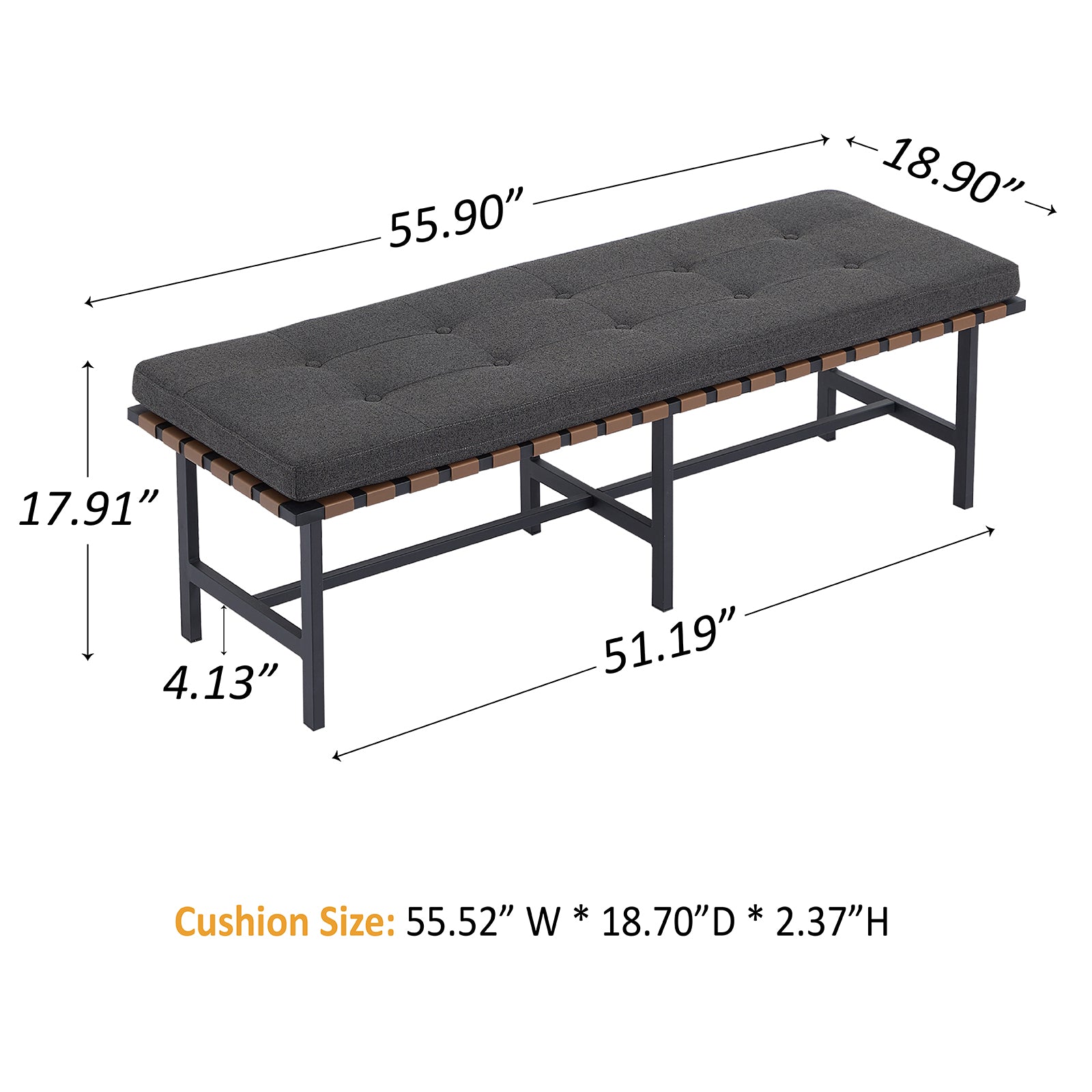 Woven Leather Bench with Cushion, Storage Benches,Beige Grey, 55in