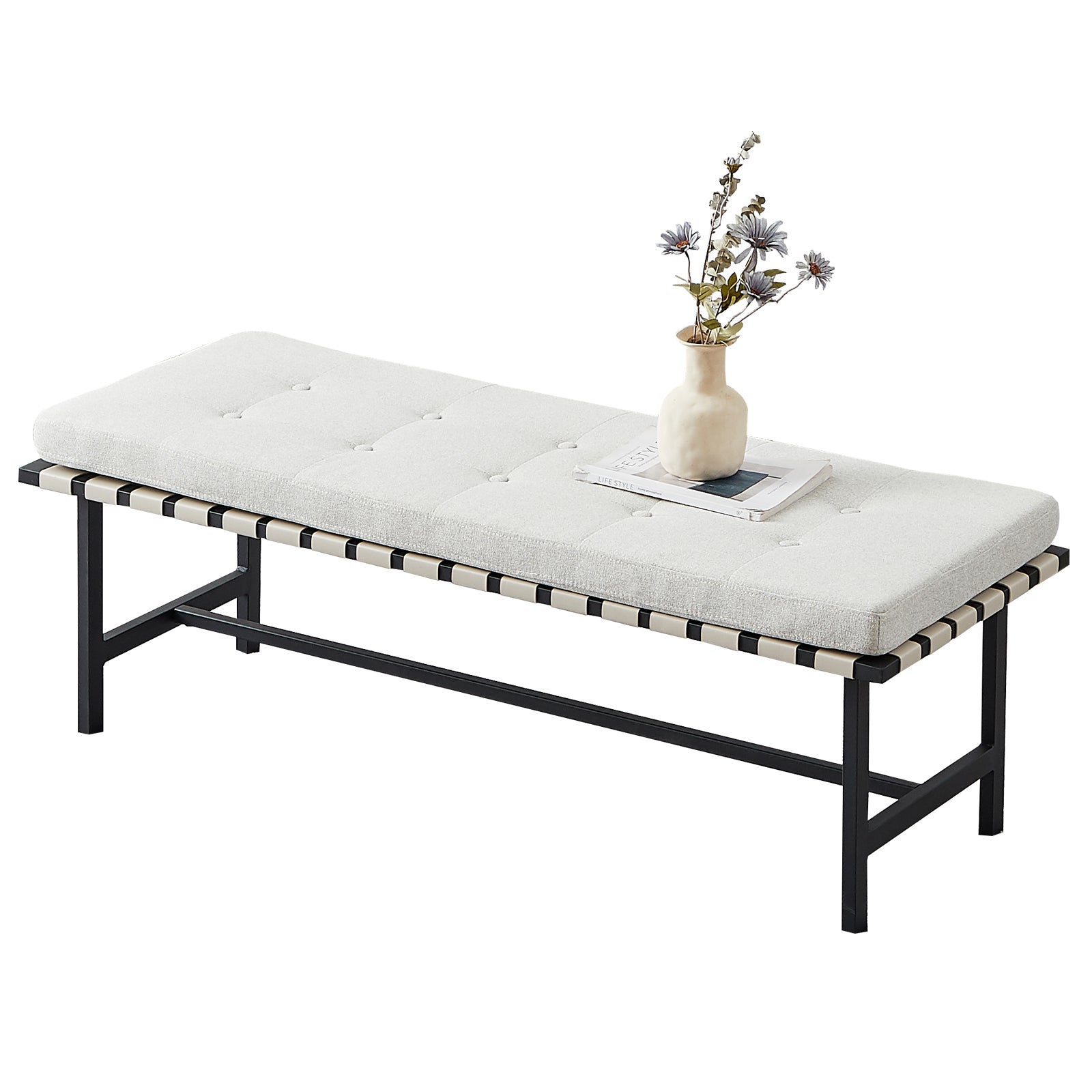 Woven Leather Bedroom Storage Bench with Metal Base 48in