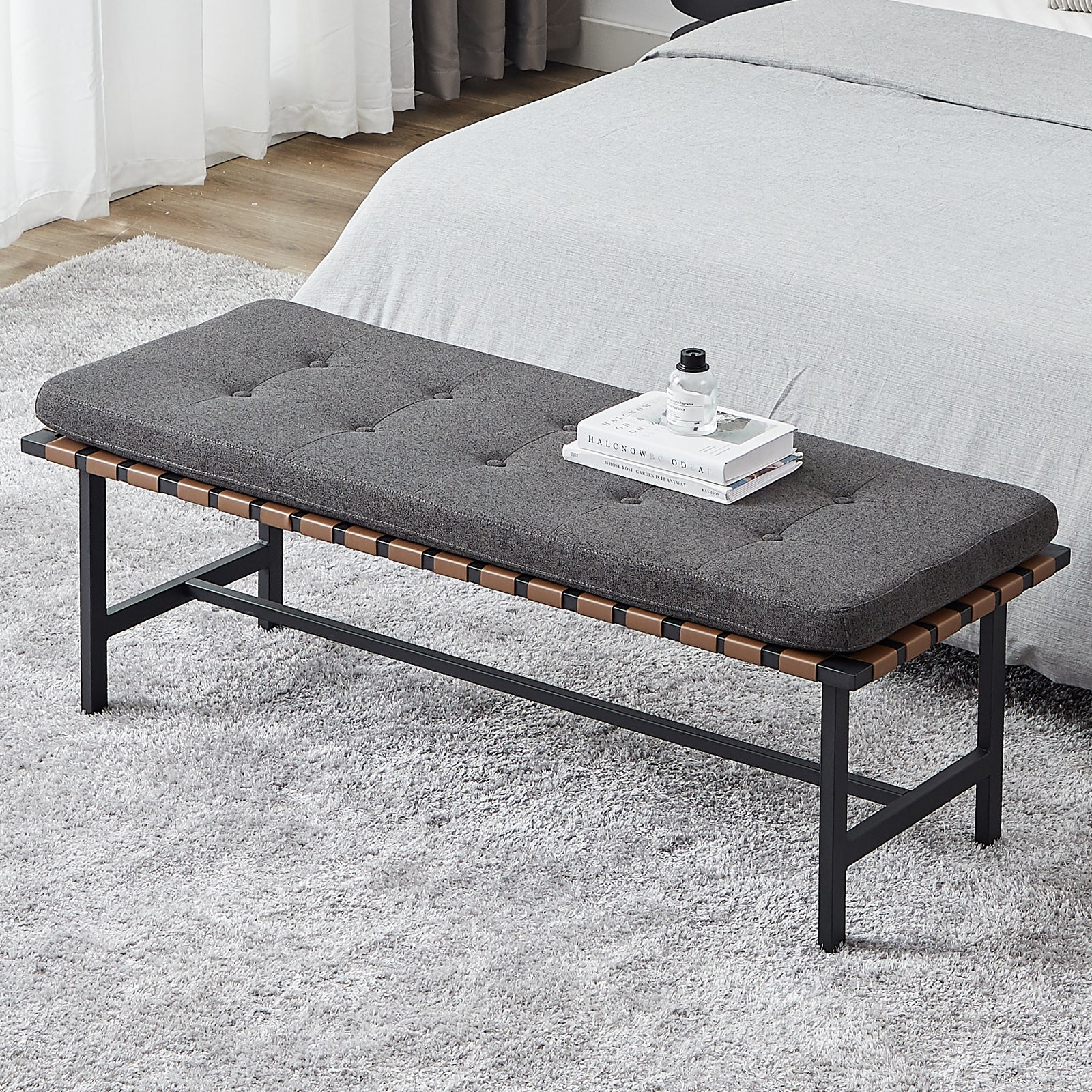 Woven Leather Bedroom Storage Bench with Metal Base 48in
