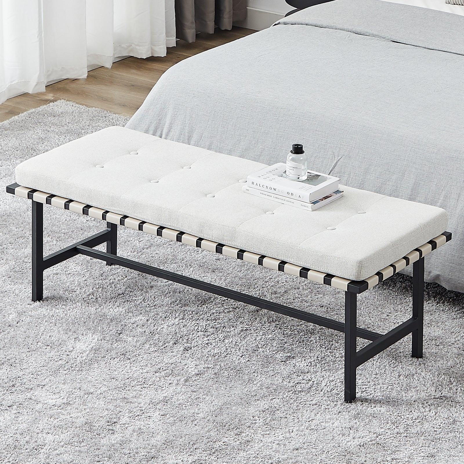 Woven Leather Bedroom Storage Bench with Metal Base 48in