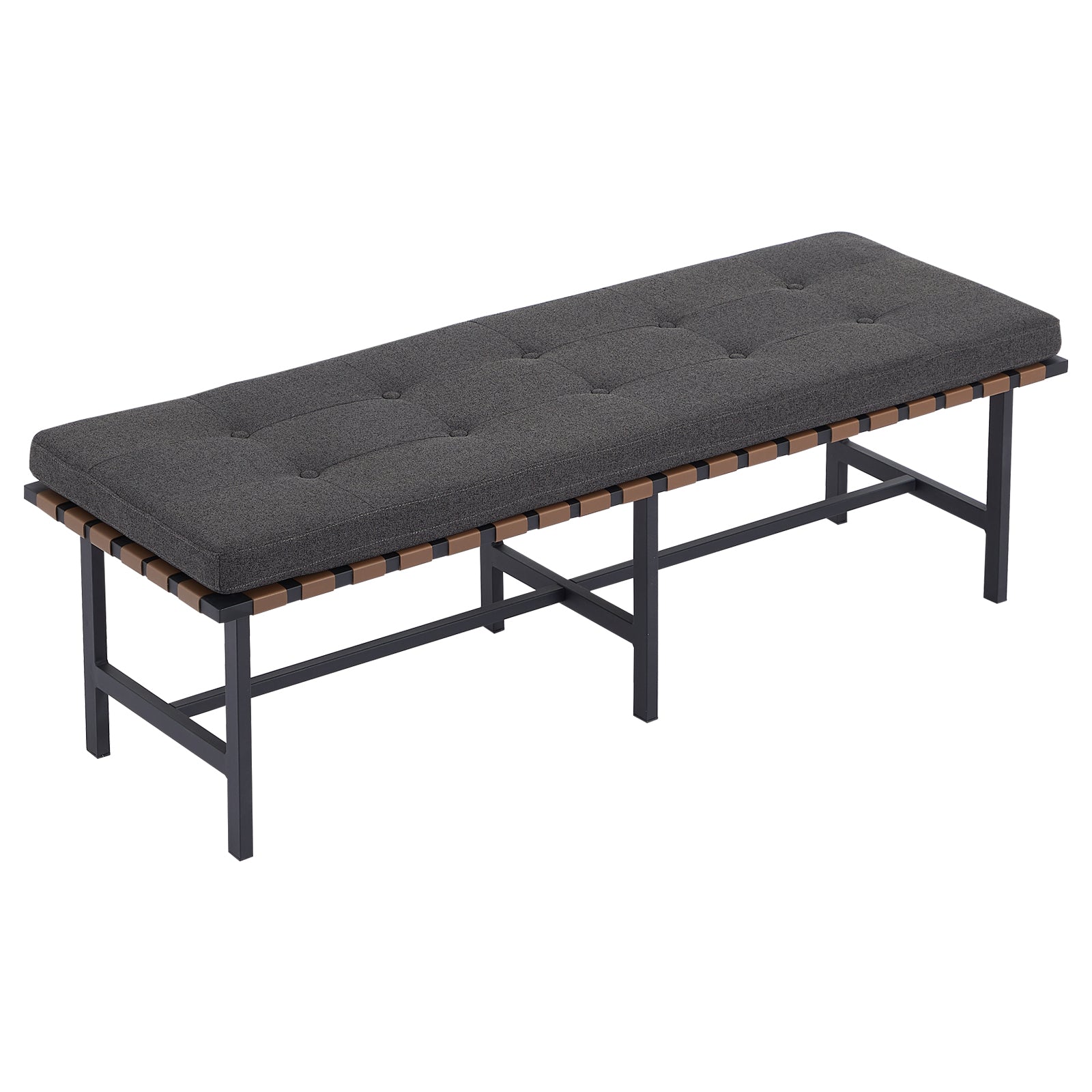Woven Leather Bench with Cushion, Storage Benches,Beige Grey, 55in