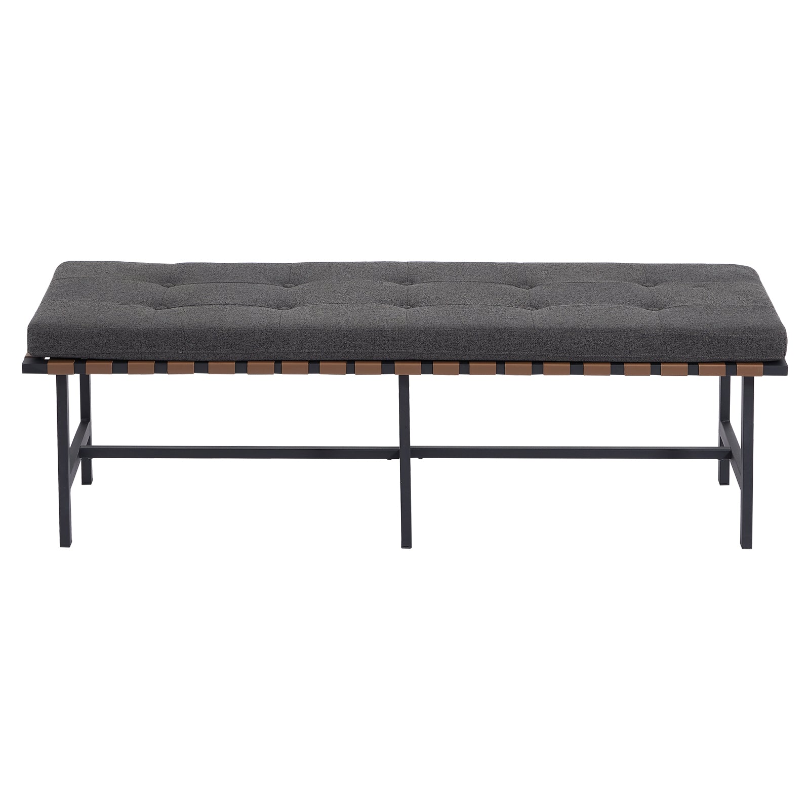 Woven Leather Bench with Cushion, Storage Benches,Beige Grey, 55in