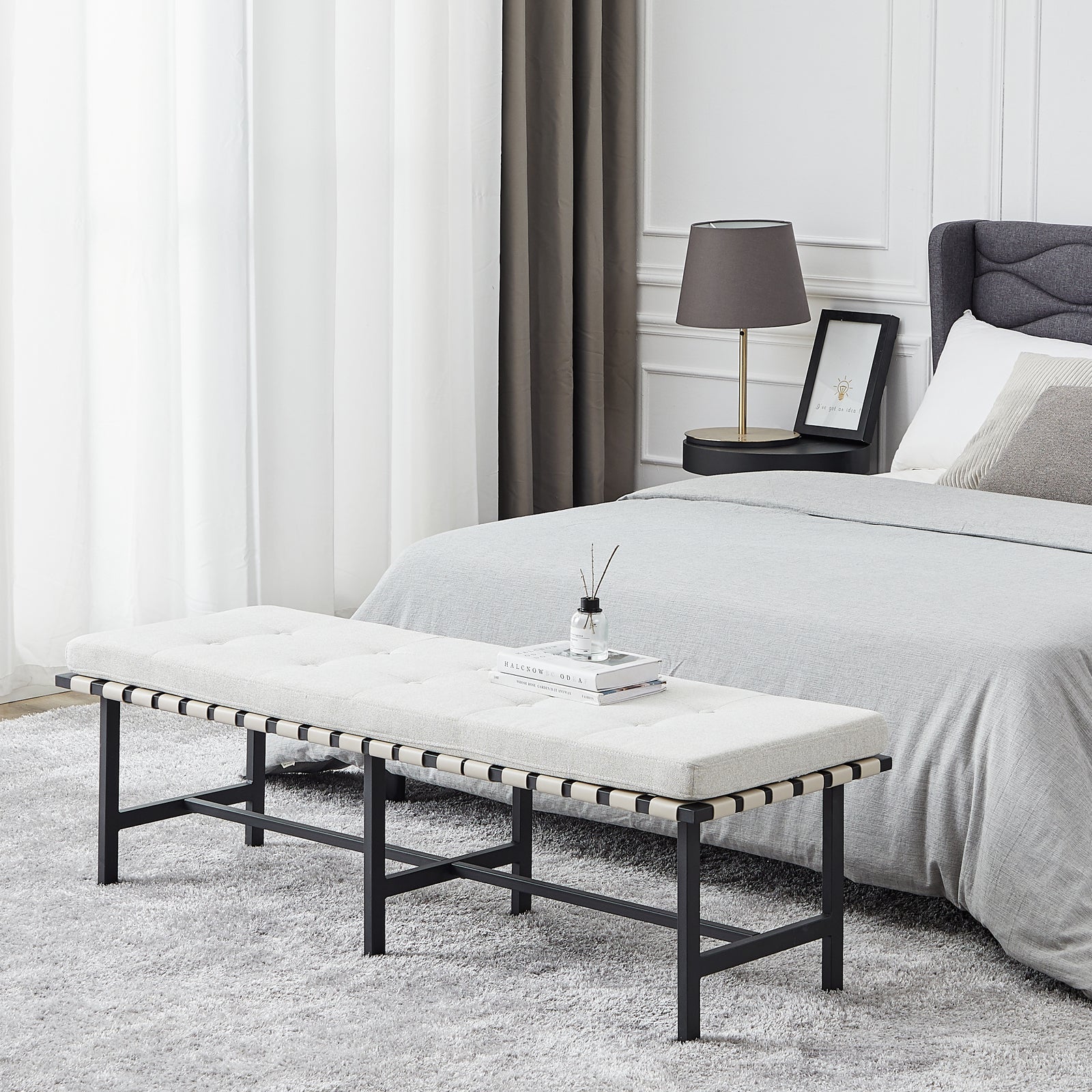 Woven Leather Bench with Cushion, Storage Benches,Beige Grey, 55in