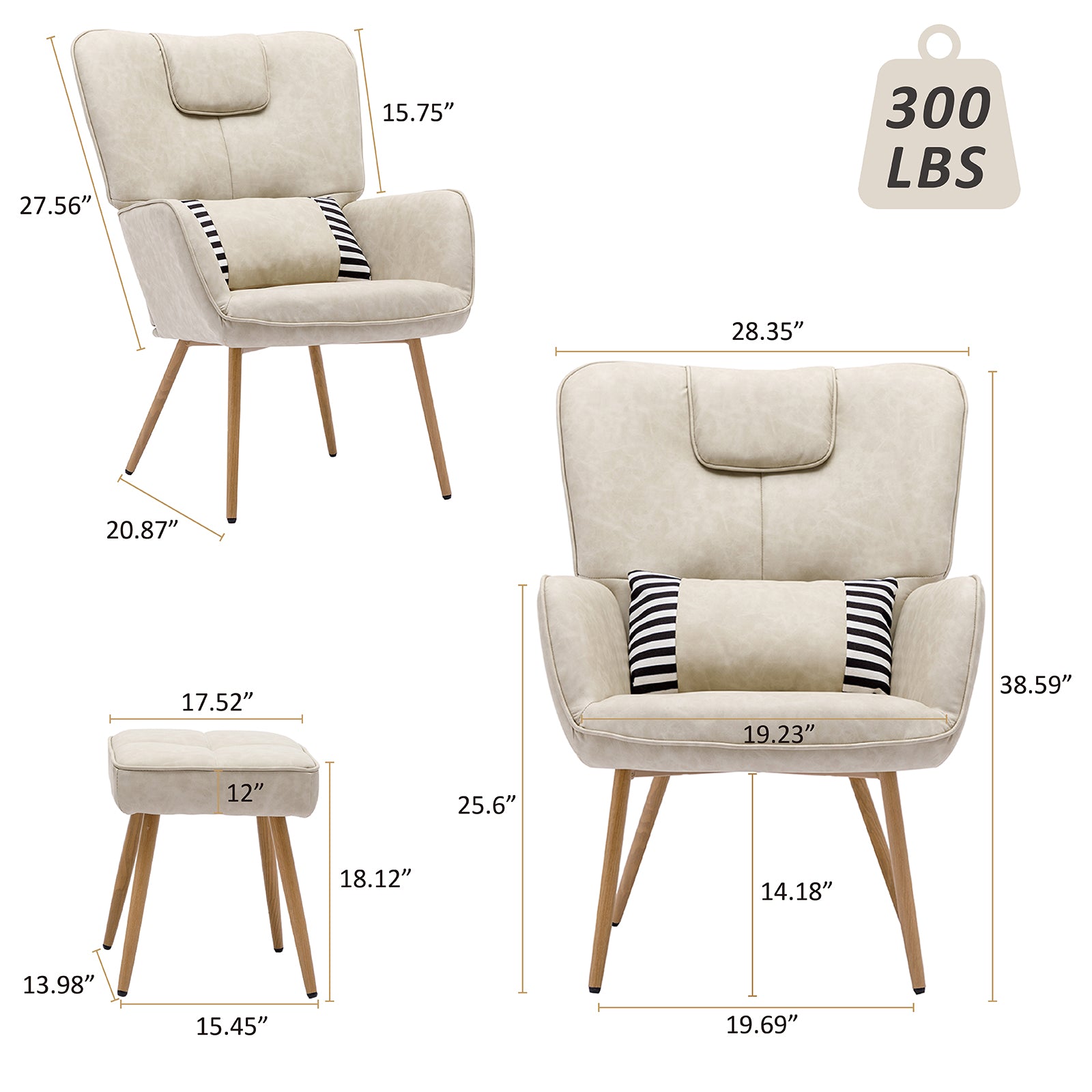Modern Faux Leather Accent Chair with Arms and Footstool Upholstery Pillow
