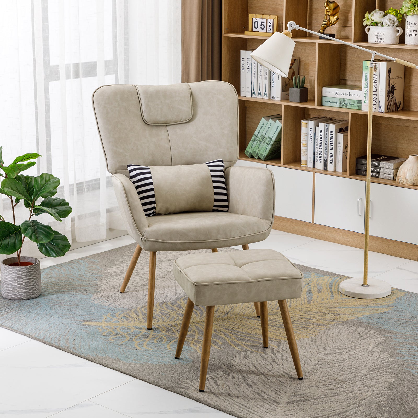 Modern Faux Leather Accent Chair with Arms and Footstool Upholstery Pillow