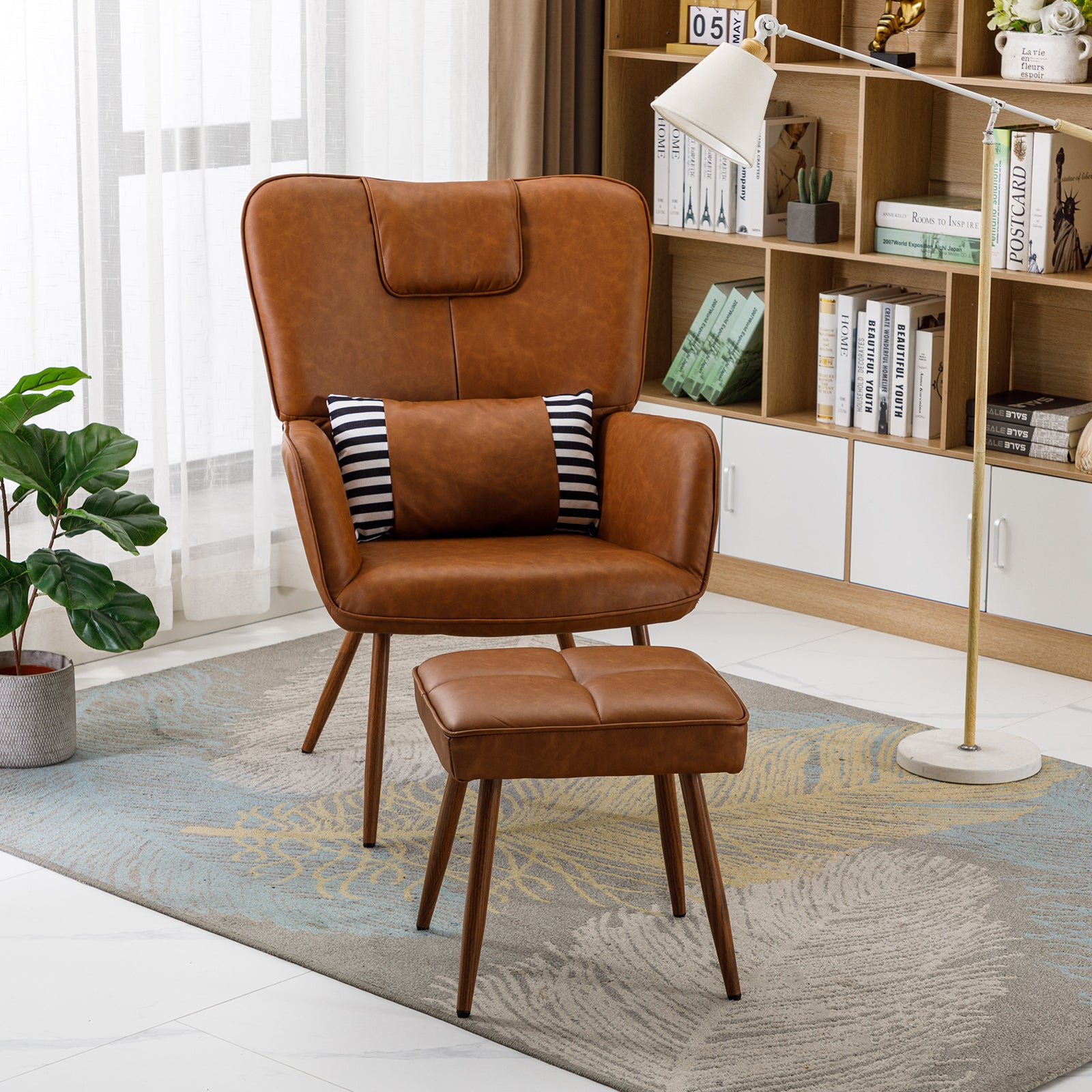 Modern Faux Leather Accent Chair with Arms and Footstool Upholstery Pillow