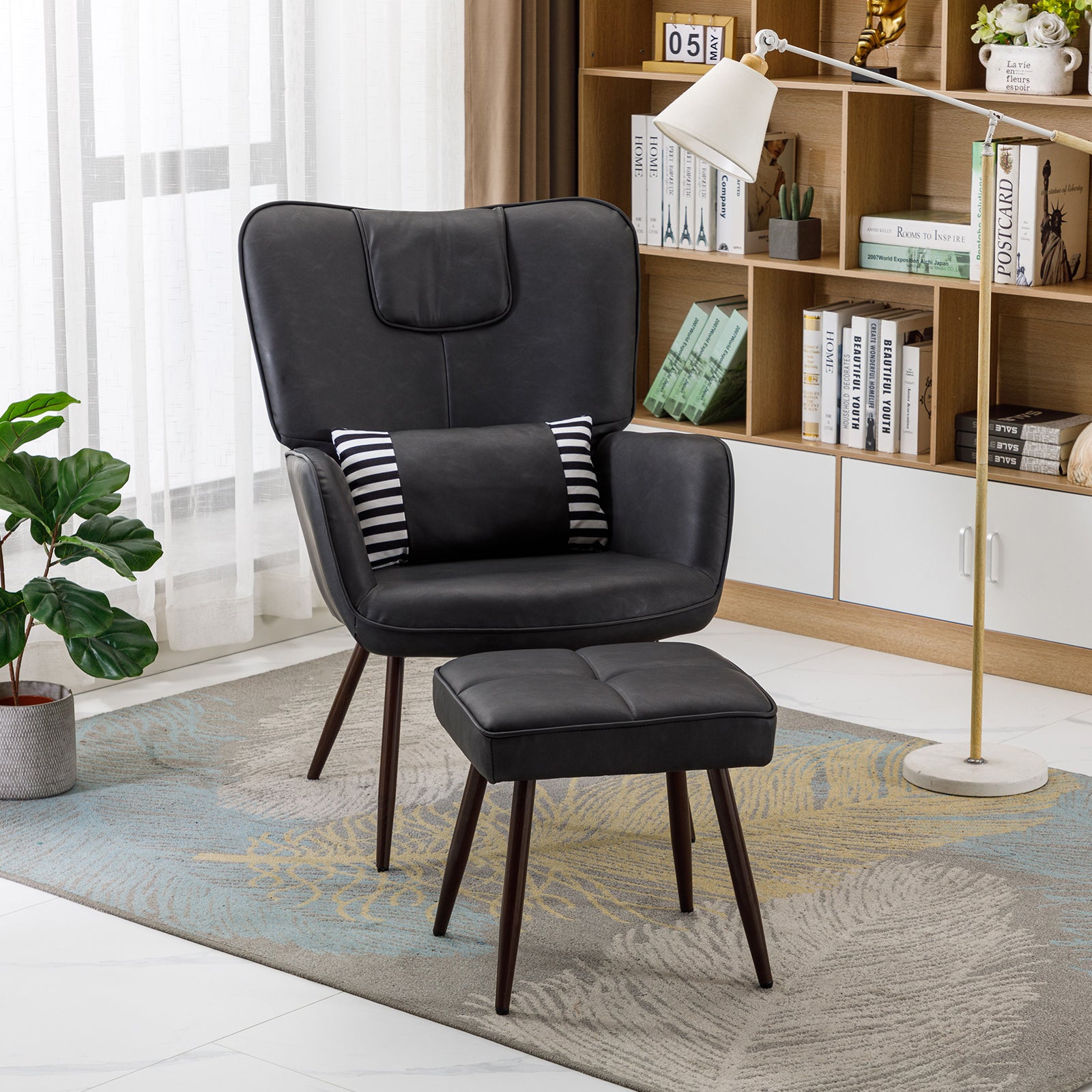 Modern Faux Leather Accent Chair with Arms and Footstool Upholstery Pillow