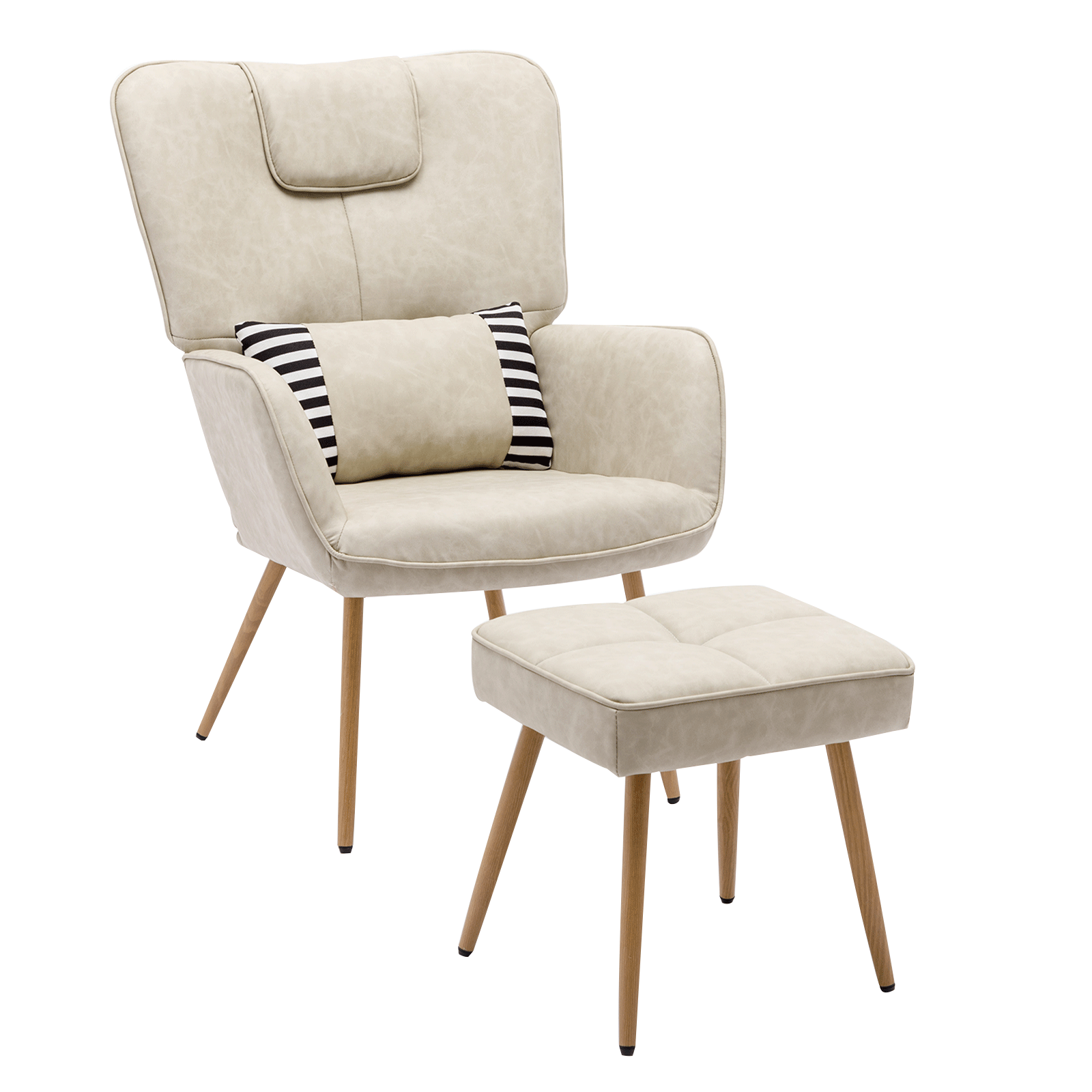 Modern Faux Leather Accent Chair with Arms and Footstool Upholstery Pillow