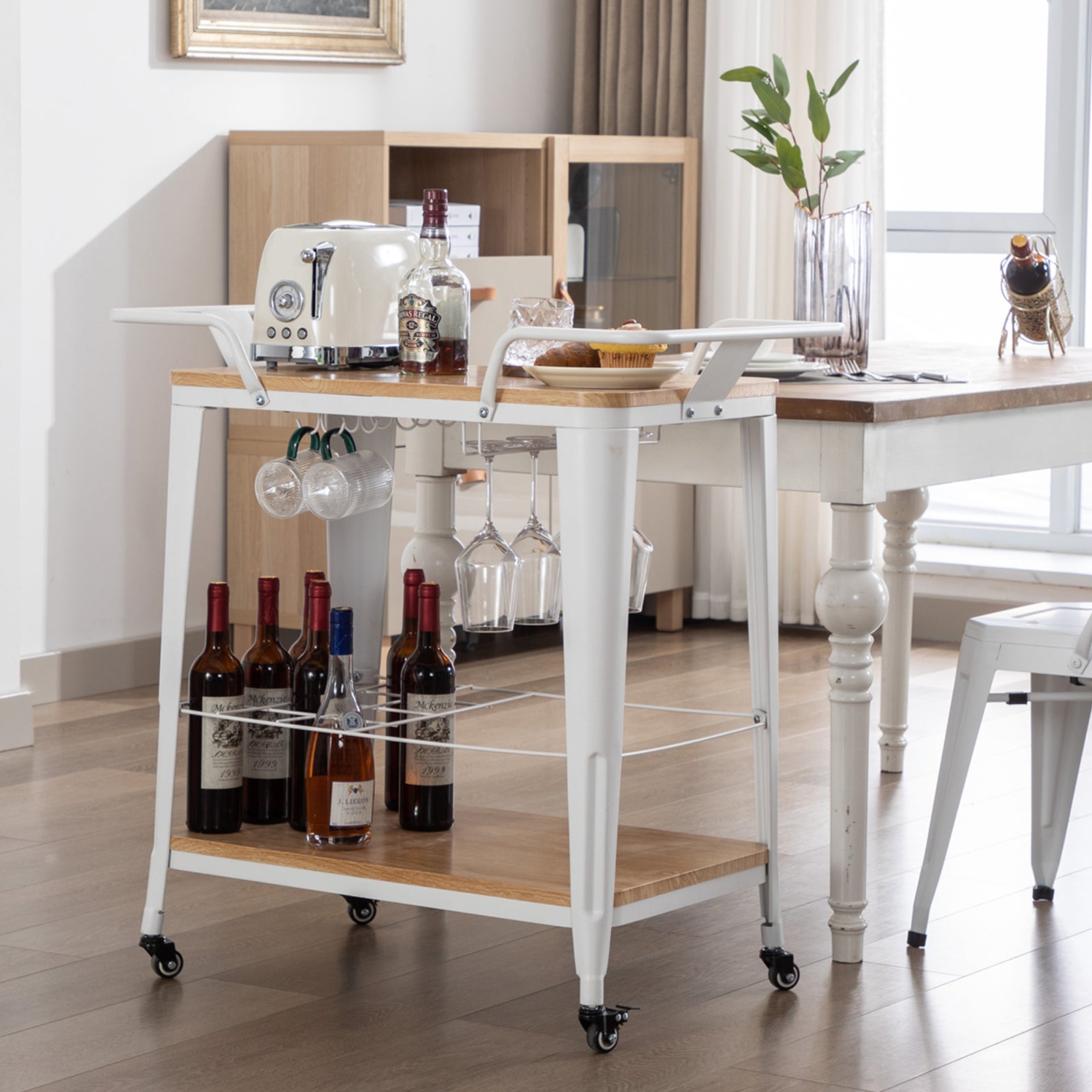 2 Tiers Industrial Bar Cart on Wheel Wood Bar Cart with Handle-Hausfame