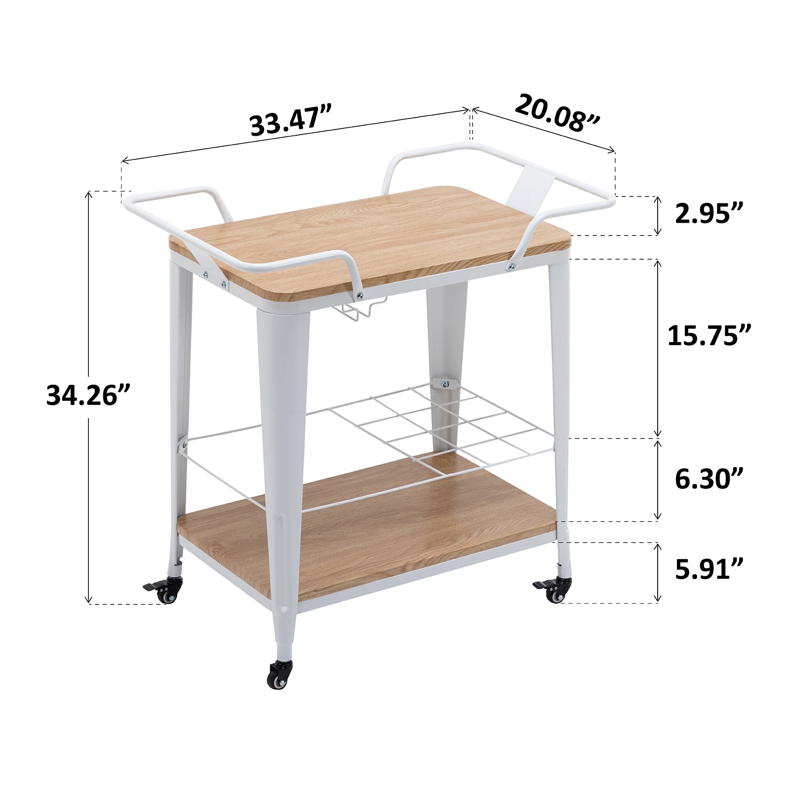 2 Tiers Industrial Bar Cart on Wheel Wood Bar Cart with Handle