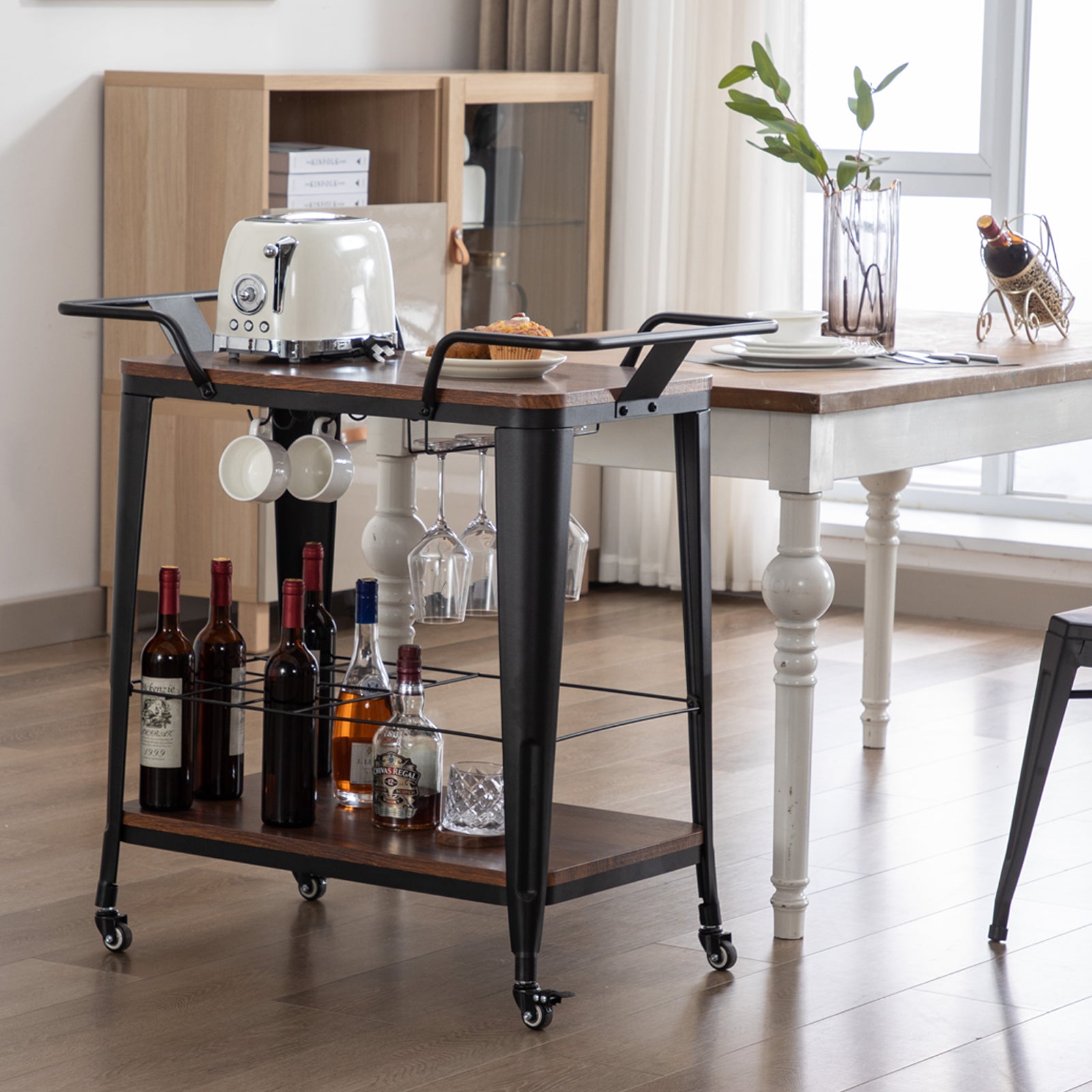 2 Tiers Industrial Bar Cart on Wheel Wood Bar Cart with Handle