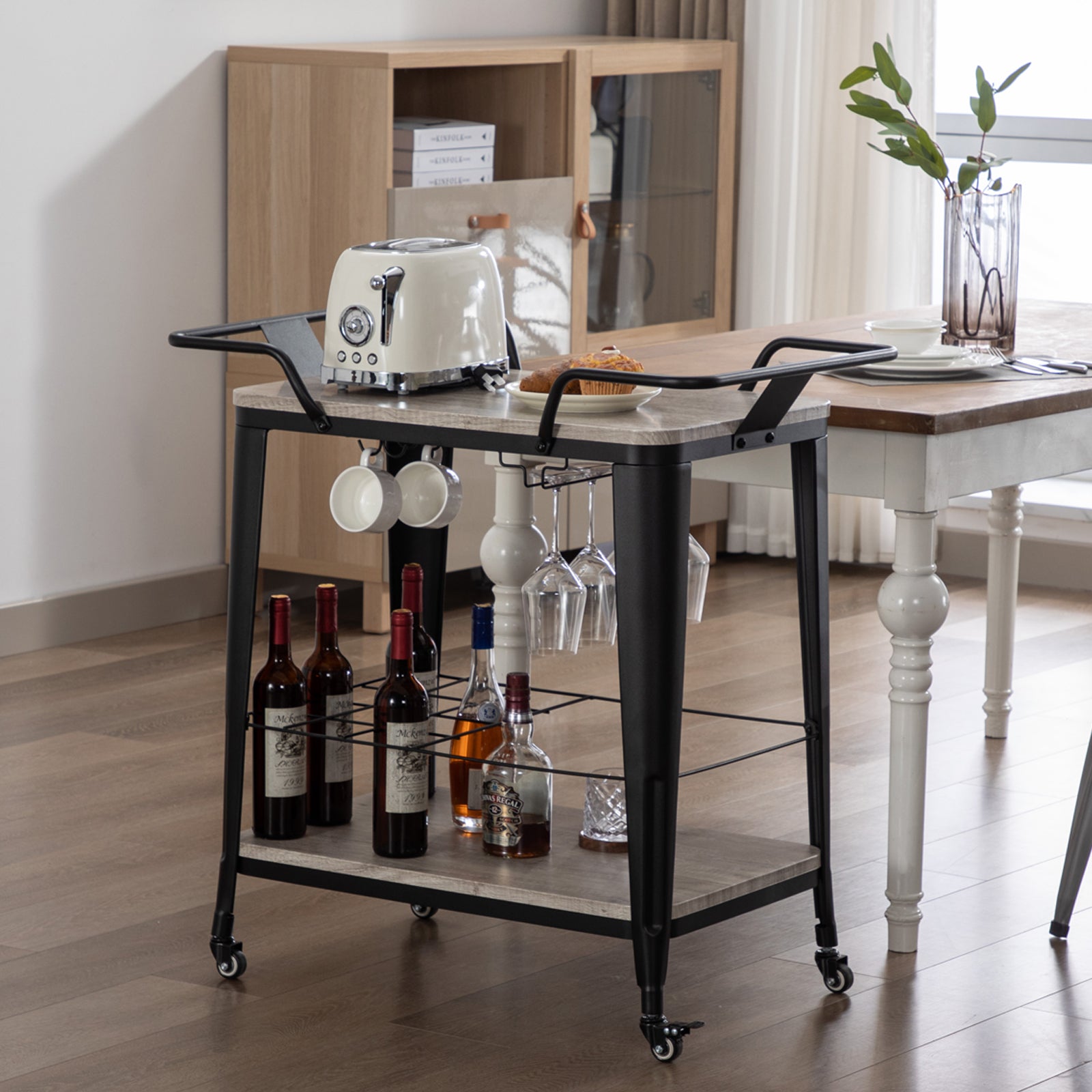 2 Tiers Industrial Bar Cart on Wheel Wood Bar Cart with Handle