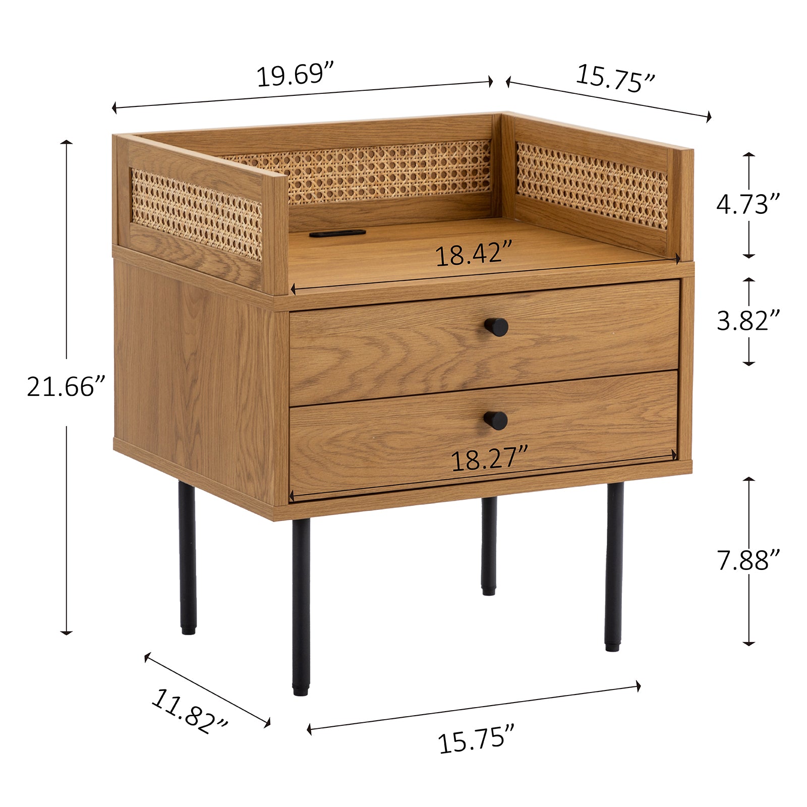 Rattan Nightstand With 2 USB Ports Wood Nightstands with 2 Storage Drawers