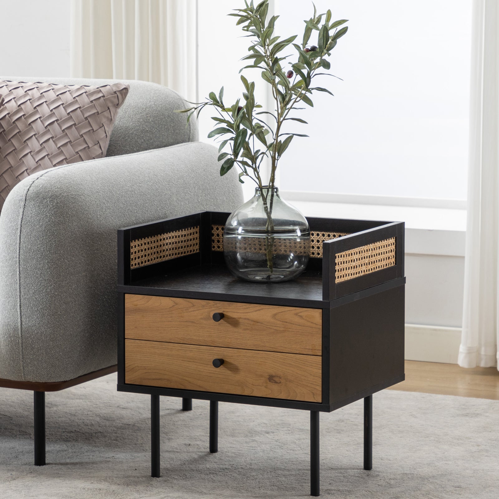 Rattan Nightstand With 2 USB Ports Wood Nightstands with 2 Storage Drawers