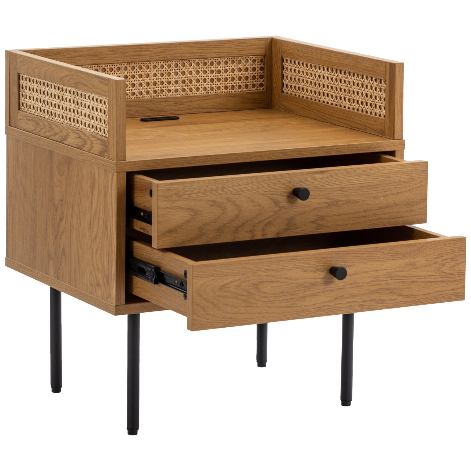 Rattan Nightstand With 2 USB Ports Wood Nightstands with 2 Storage Drawers