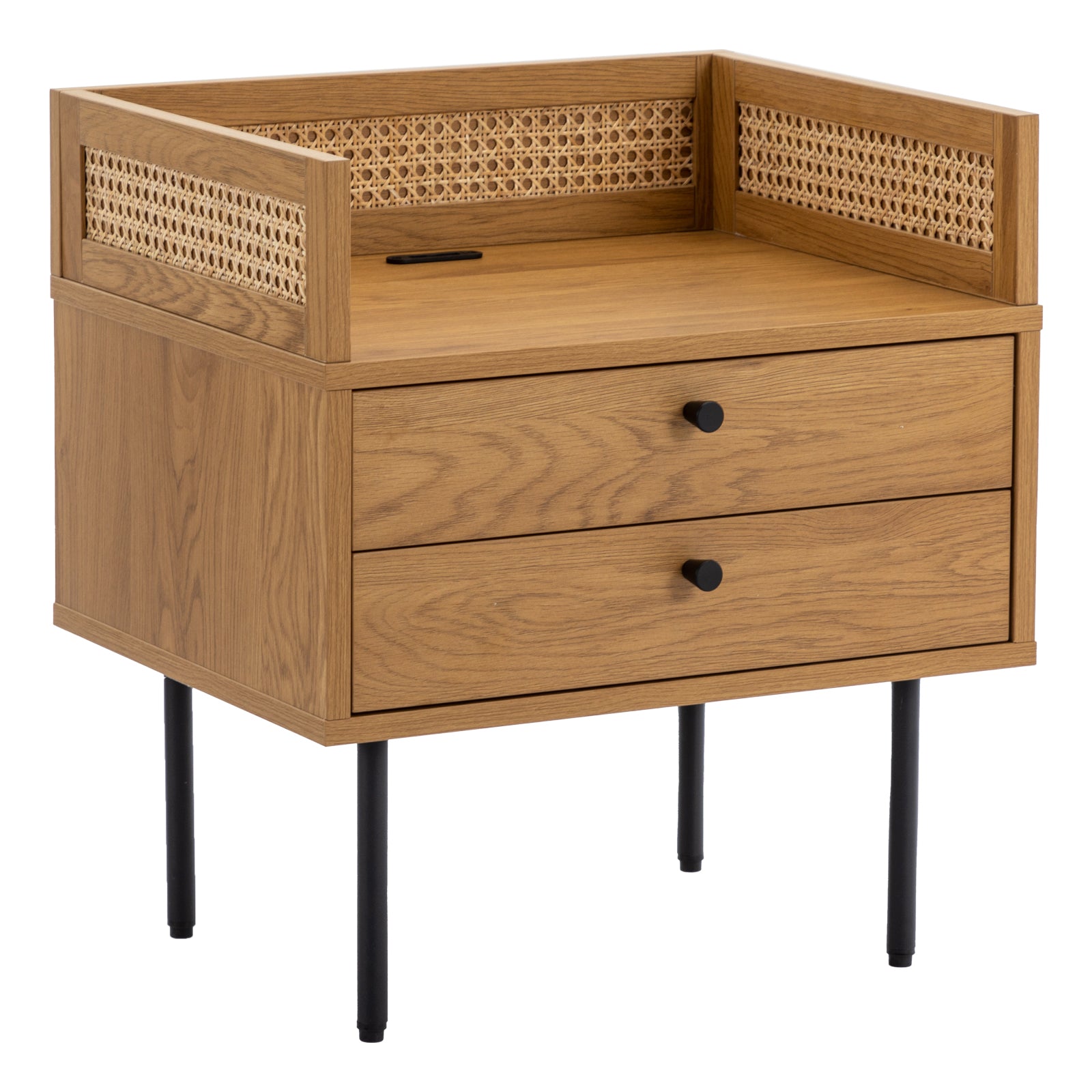 Rattan Nightstand With 2 USB Ports Wood Nightstands with 2 Storage Drawers