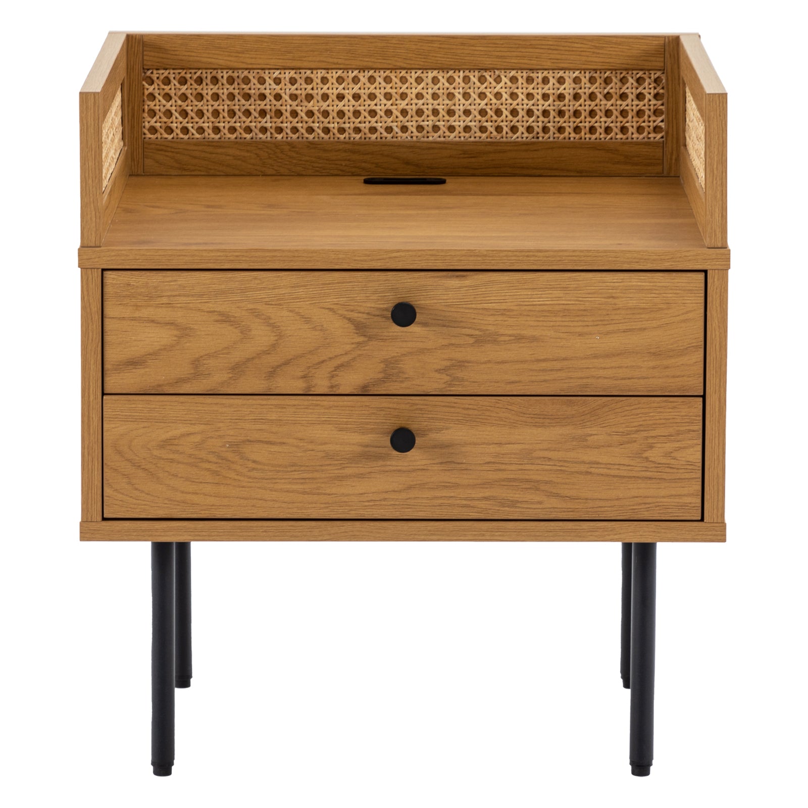 Rattan Nightstand With 2 USB Ports Wood Nightstands with 2 Storage Drawers