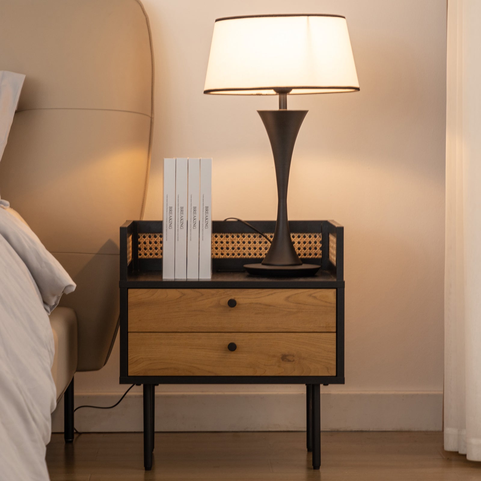 Rattan Nightstand With 2 USB Ports Wood Nightstands with 2 Storage Drawers