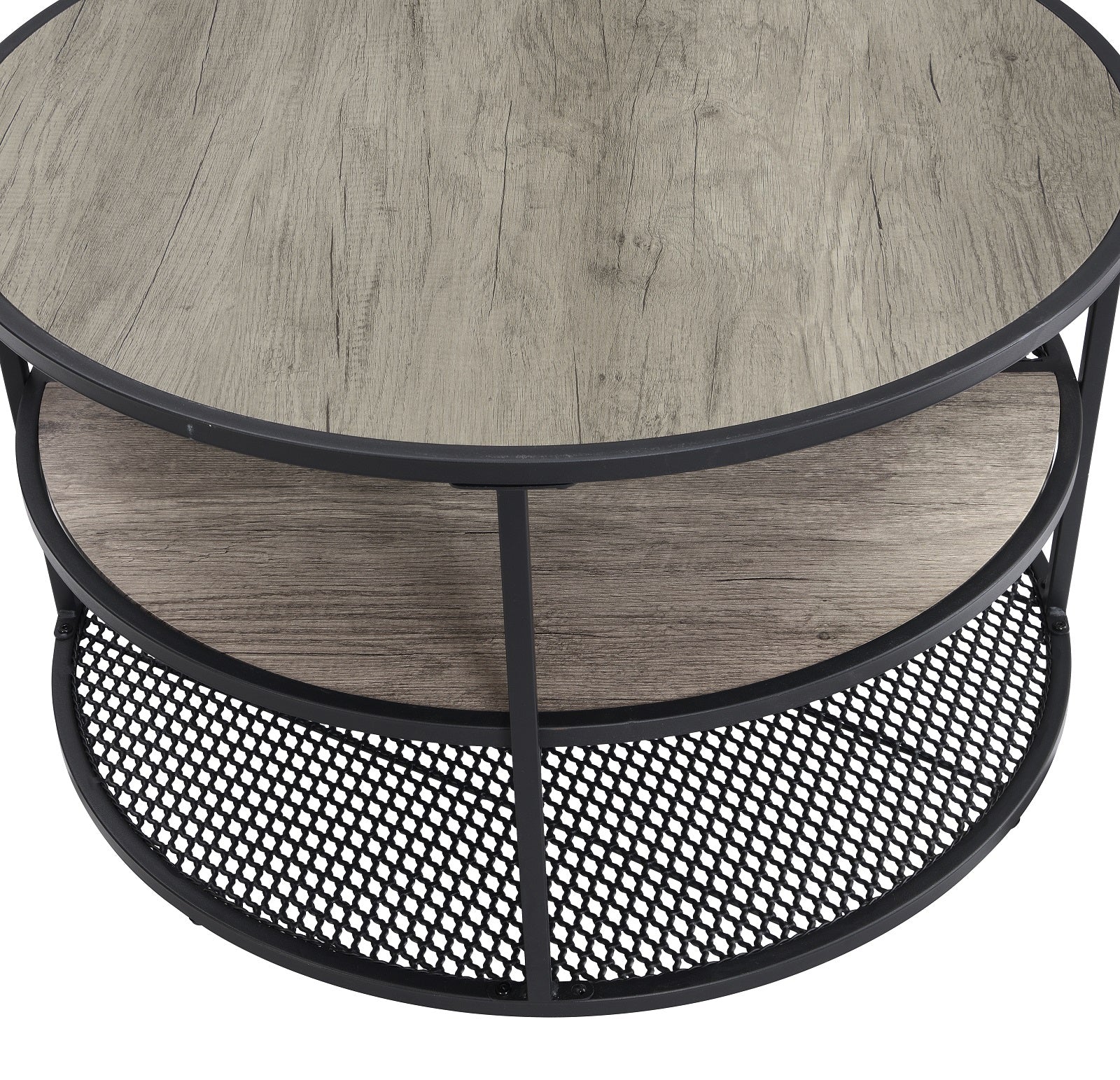 Industrial Round Coffee Table 3 Tiers Coffee Tables with Wood Grainand Mesh Shelf