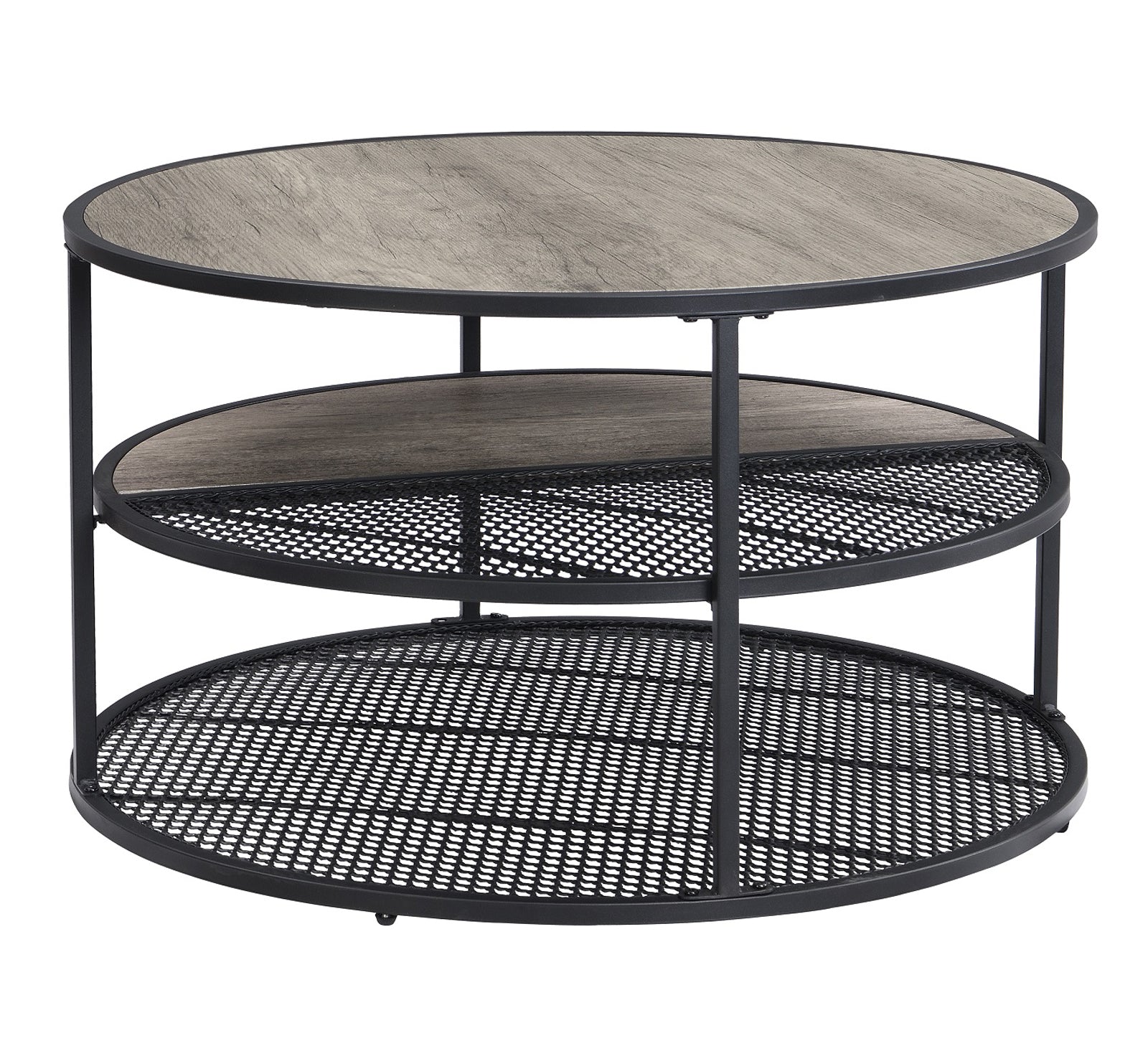 Industrial Round Coffee Table 3 Tiers Coffee Tables with Wood Grainand Mesh Shelf