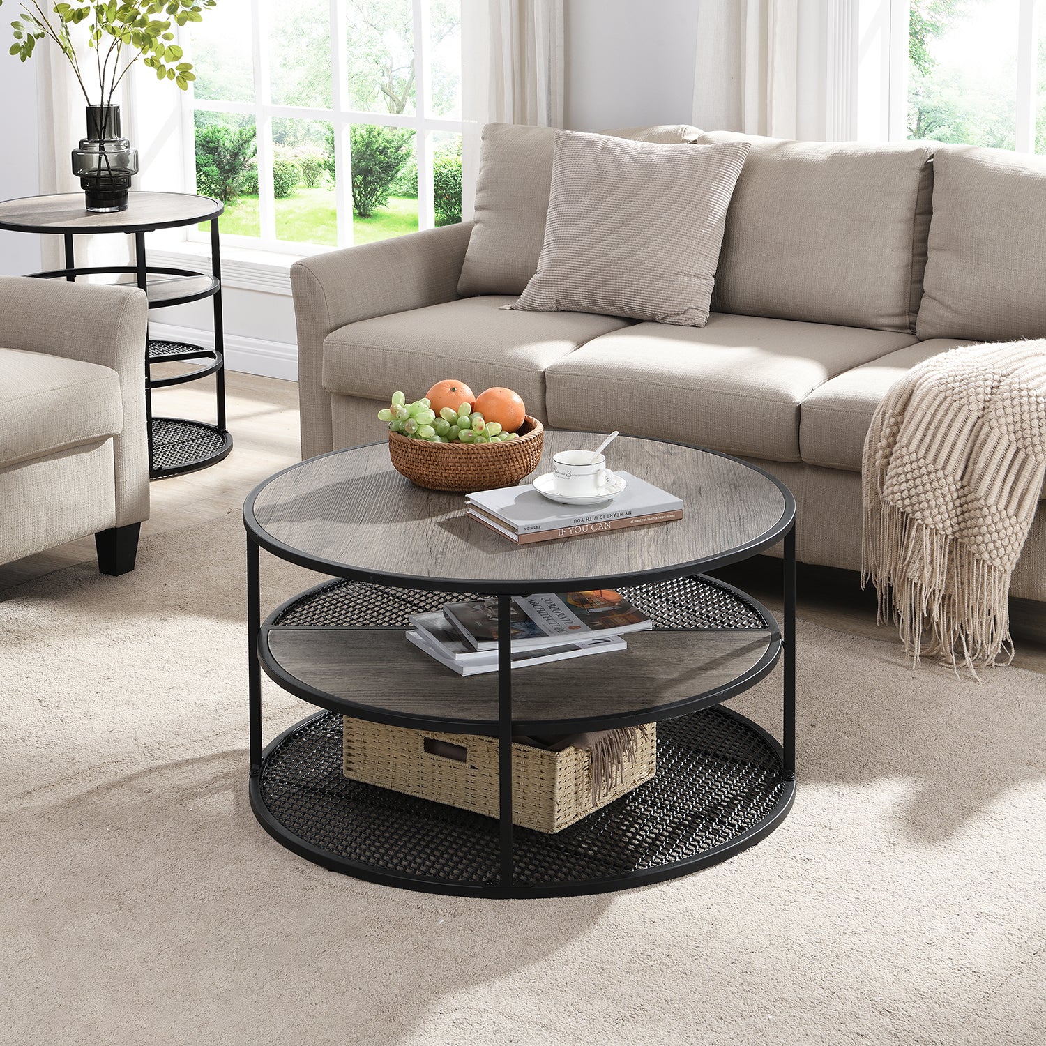 Industrial Round Coffee Table 3 Tiers Coffee Tables with Wood Grainand Mesh Shelf