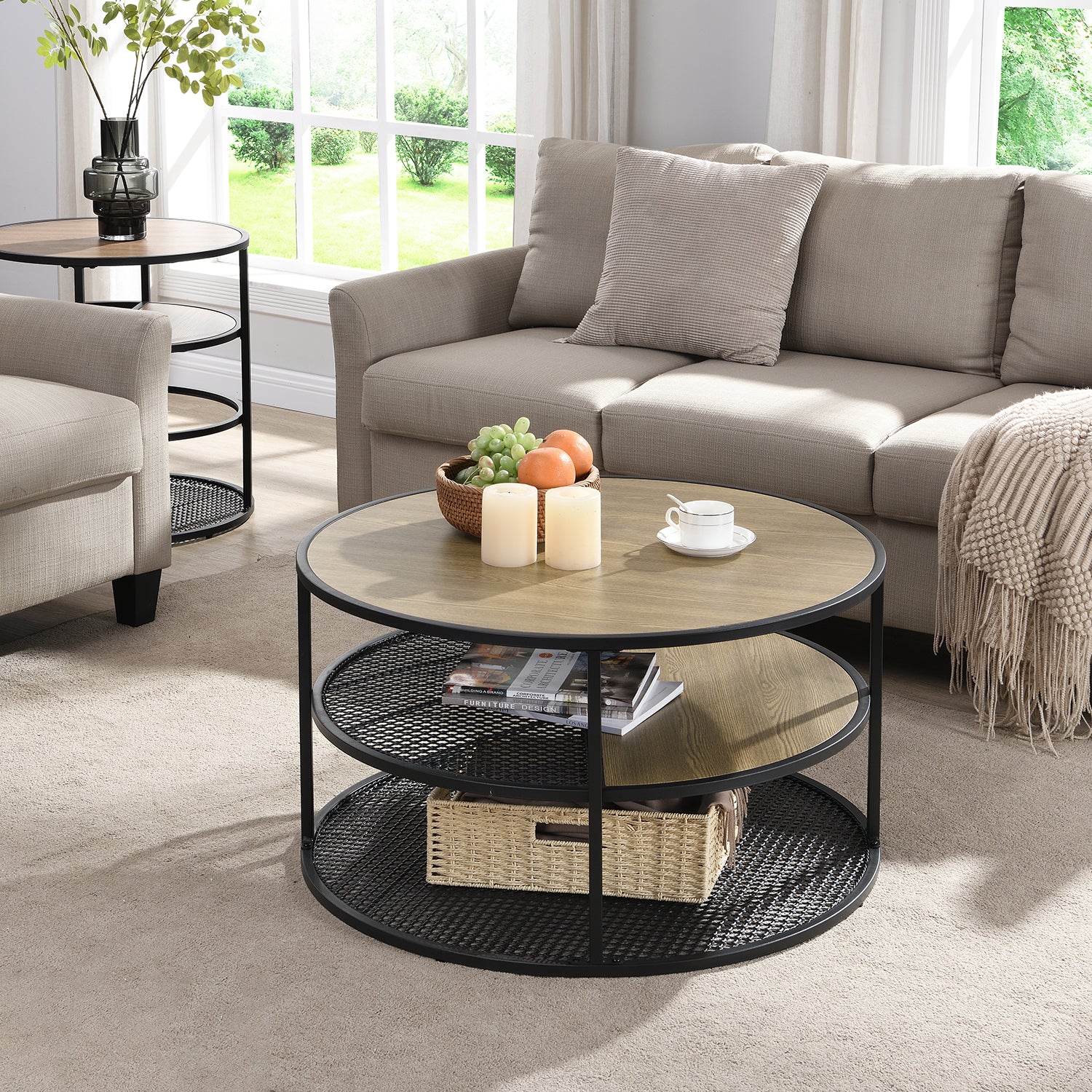 Industrial Round Coffee Table 3 Tiers Coffee Tables with Wood Grainand Mesh Shelf