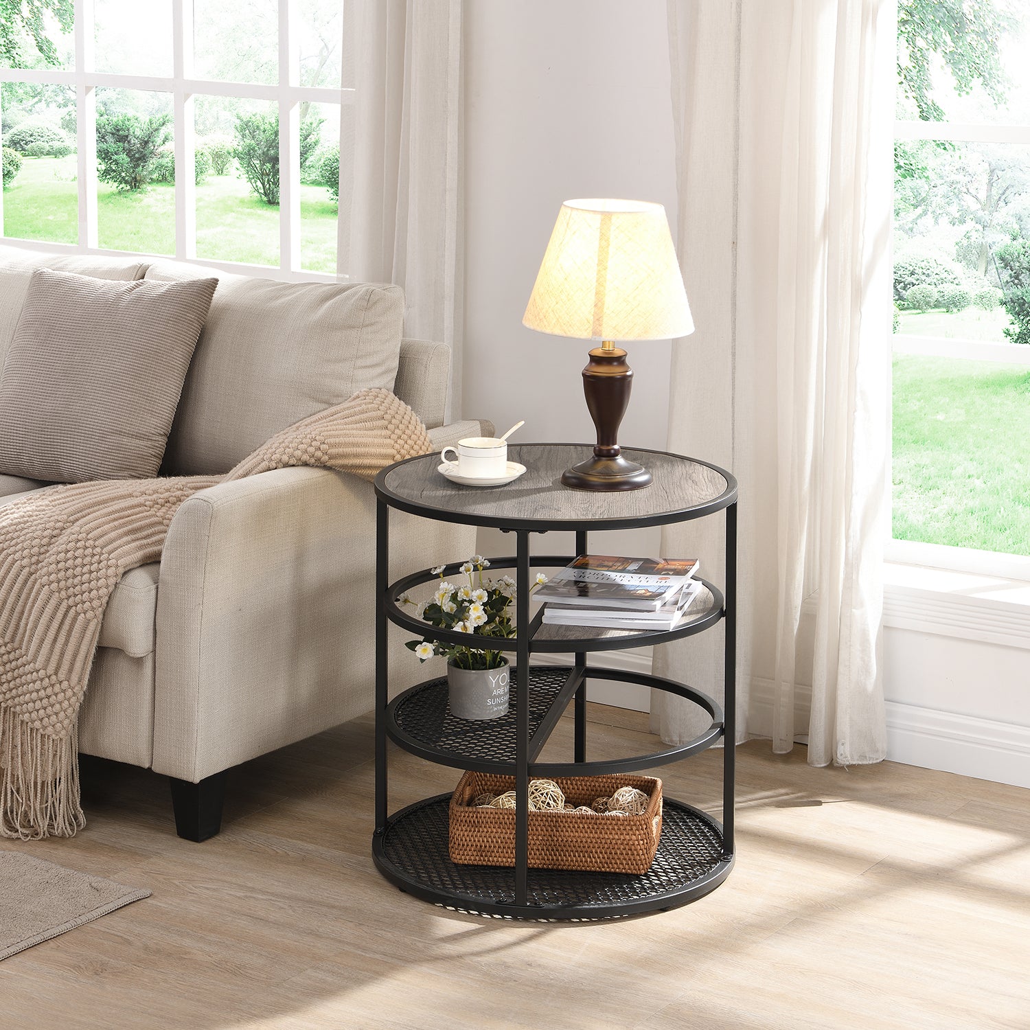 Round End Table, 4 Tier Rustic Side Table, Wood Grain, Mesh Shelf Top
