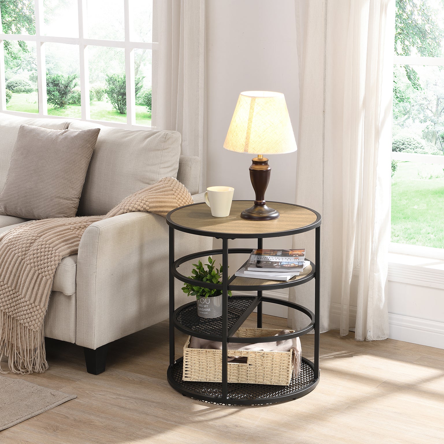 Round End Table, 4 Tier Rustic Side Table, Wood Grain, Mesh Shelf Top